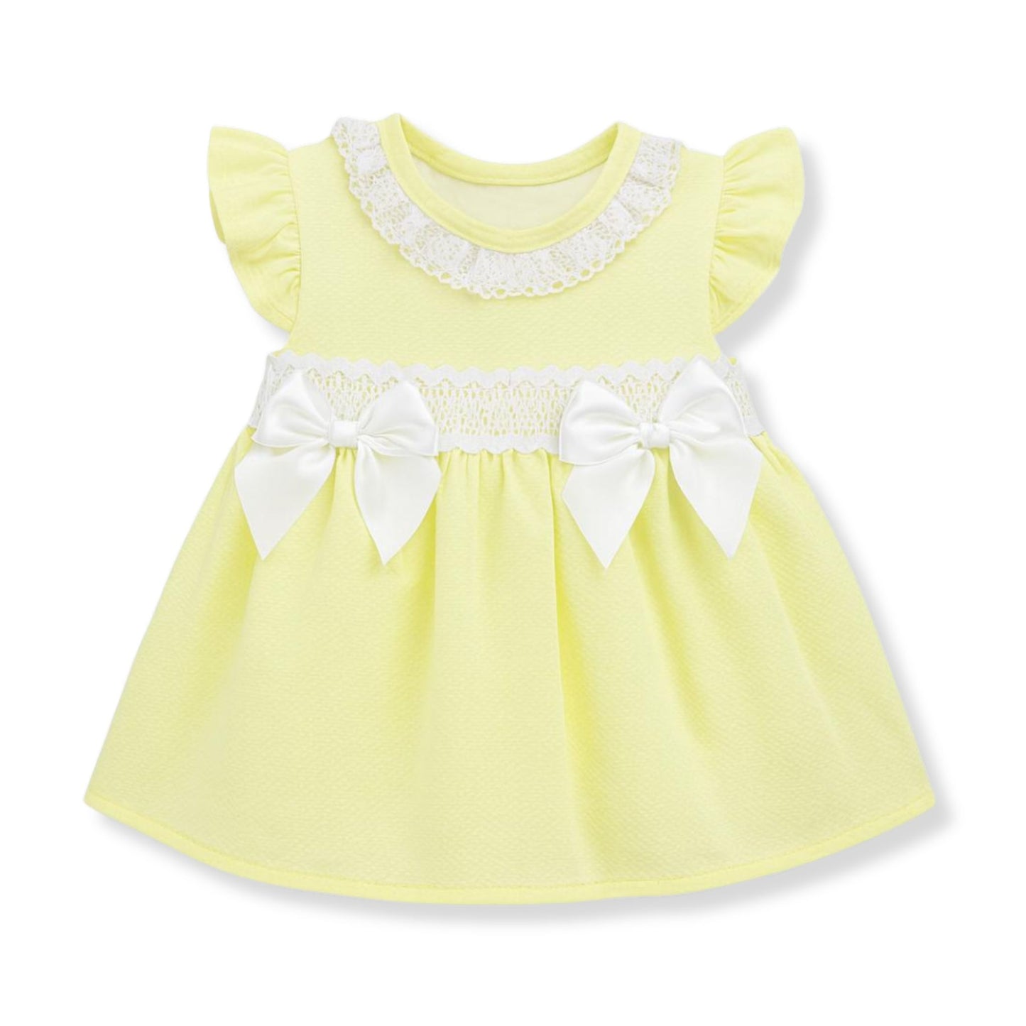 Yellow baby dress with lace detail, smocking and bows, Spanish style outfit made in Portugal