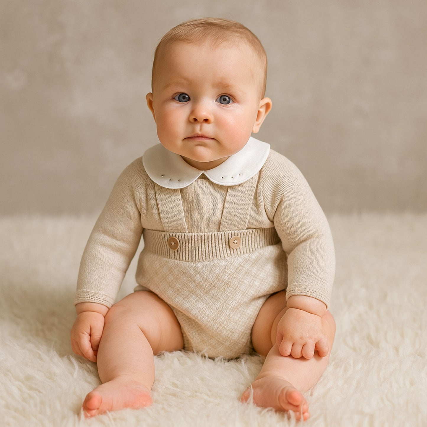 Baby Boys Beige Knitted Outfit - Jam Pants, Braces and Jumper