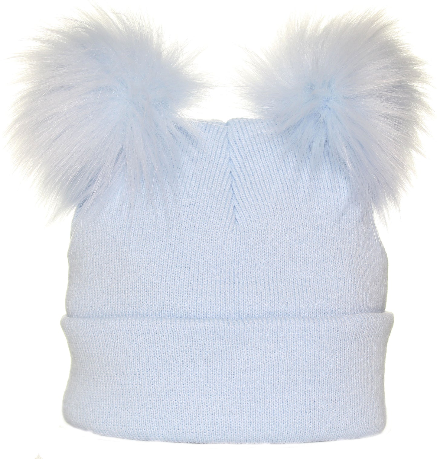 toddlers hat in blue with two fur pom poms