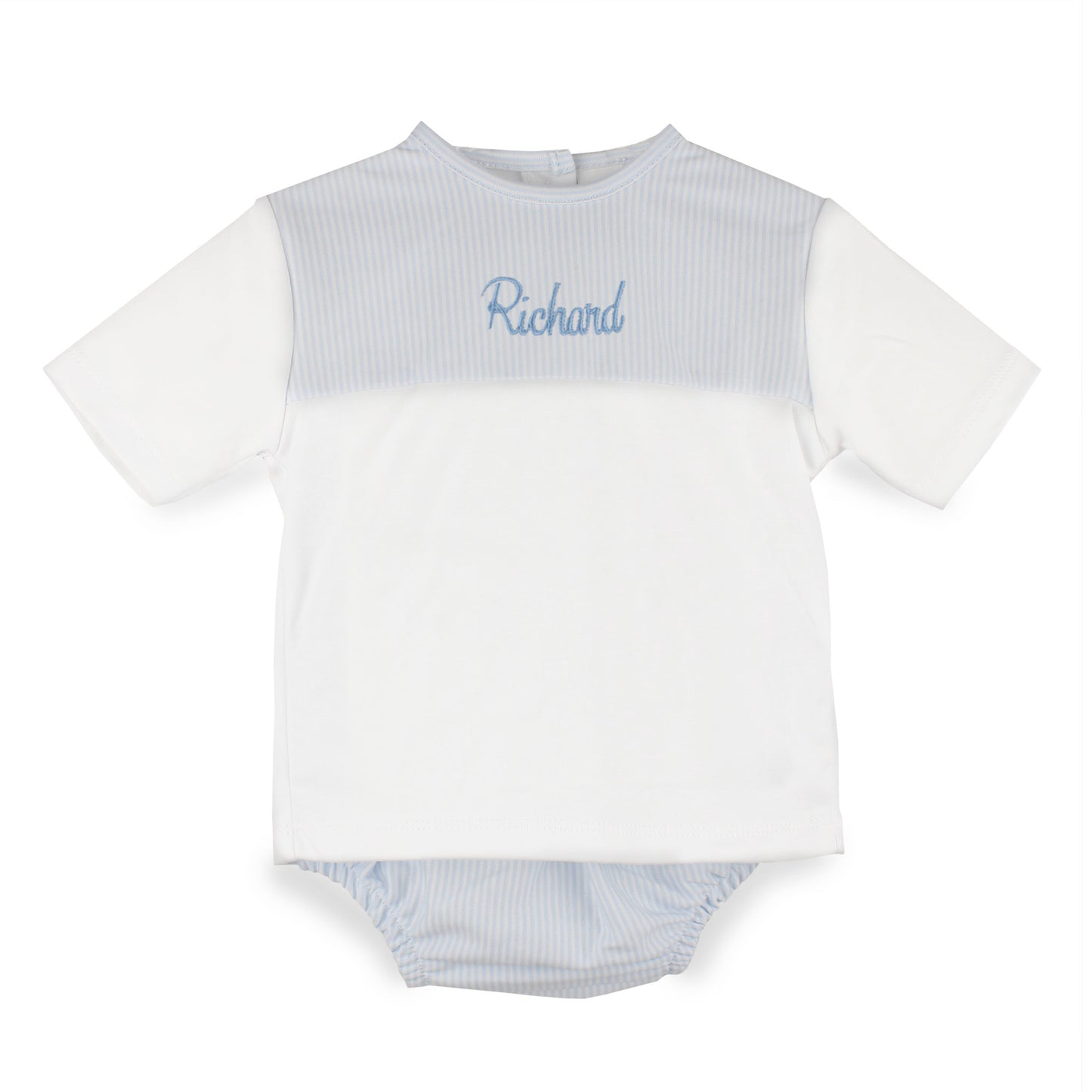 Personalised baby boys white and pale blue striped two-piece outfit with embroidered name and matching striped jam pants, made from 100% cotton in Portugal.
