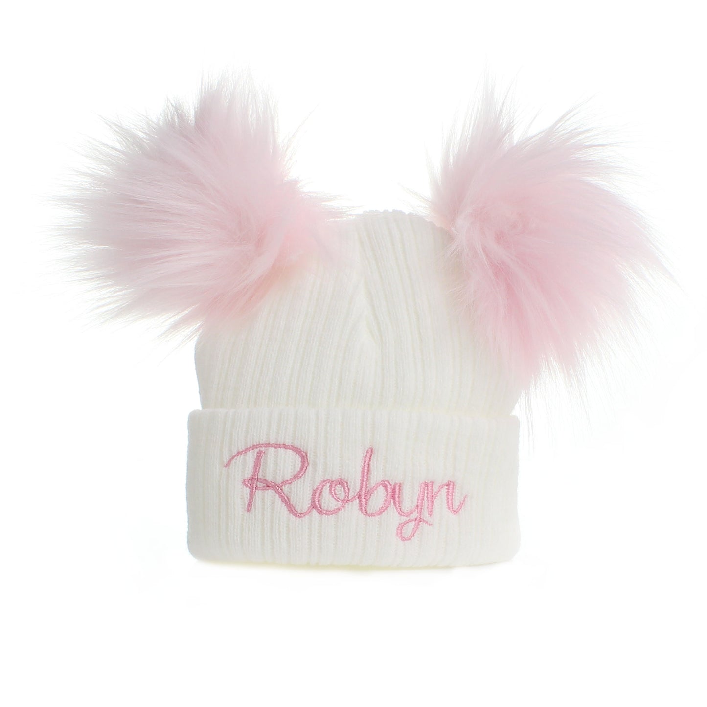 personalised baby girl pom hat white with pink pom poms
