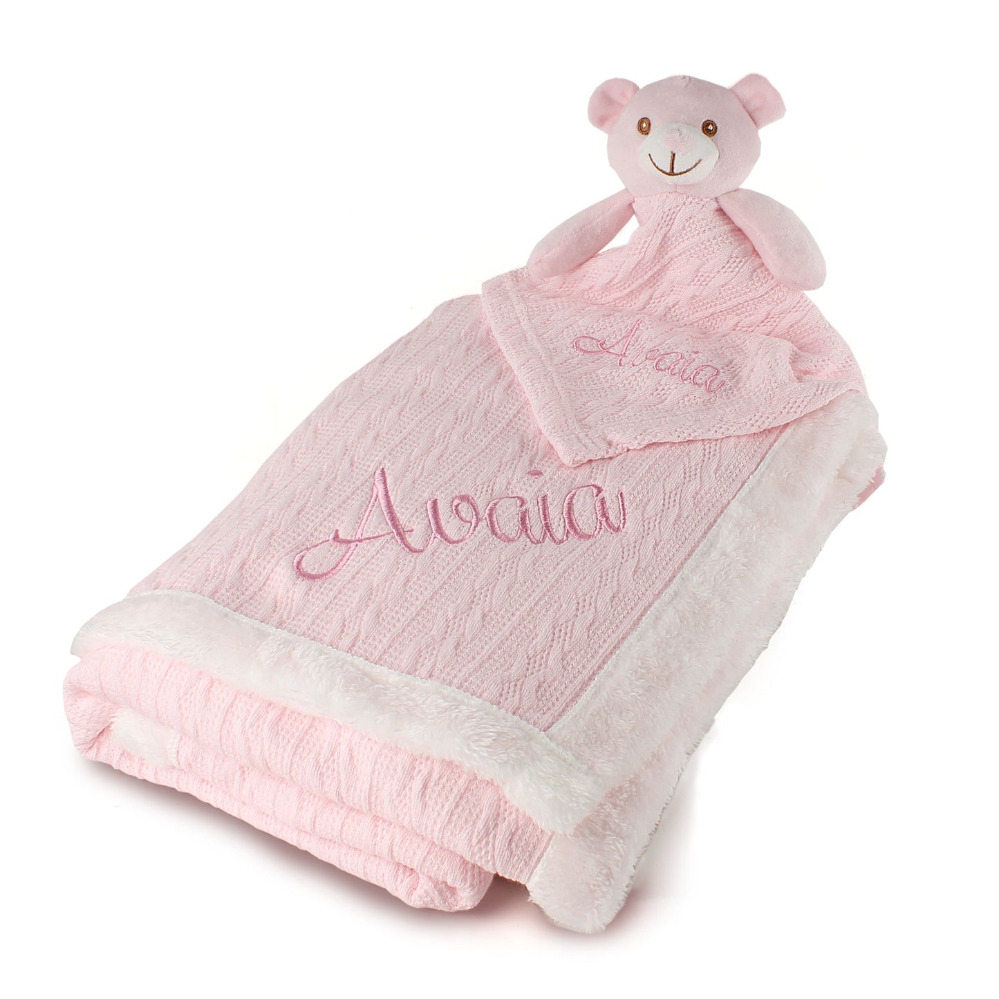 personalised pink blanket with matching personalised comforter bundle