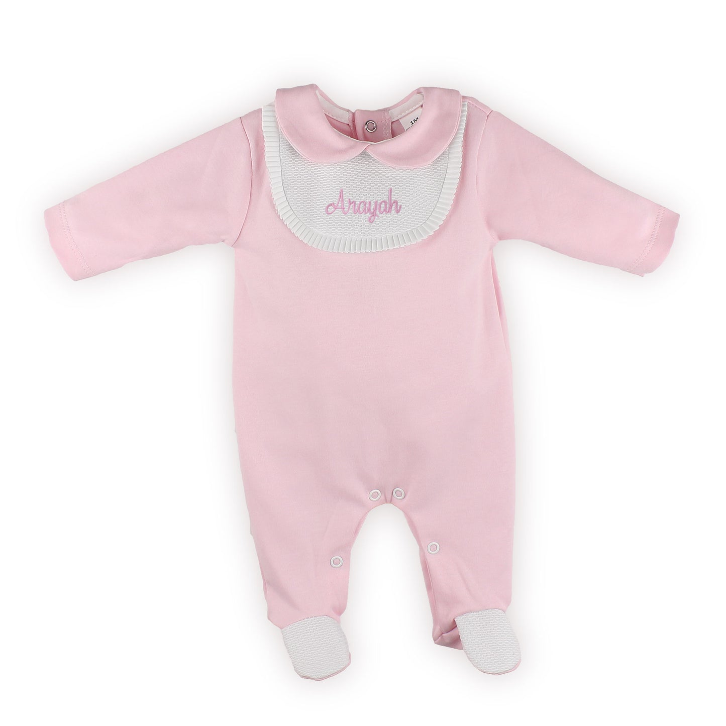 Personalised Pink Baby Sleepsuit with Bib Front Detail – Made in Portugal
