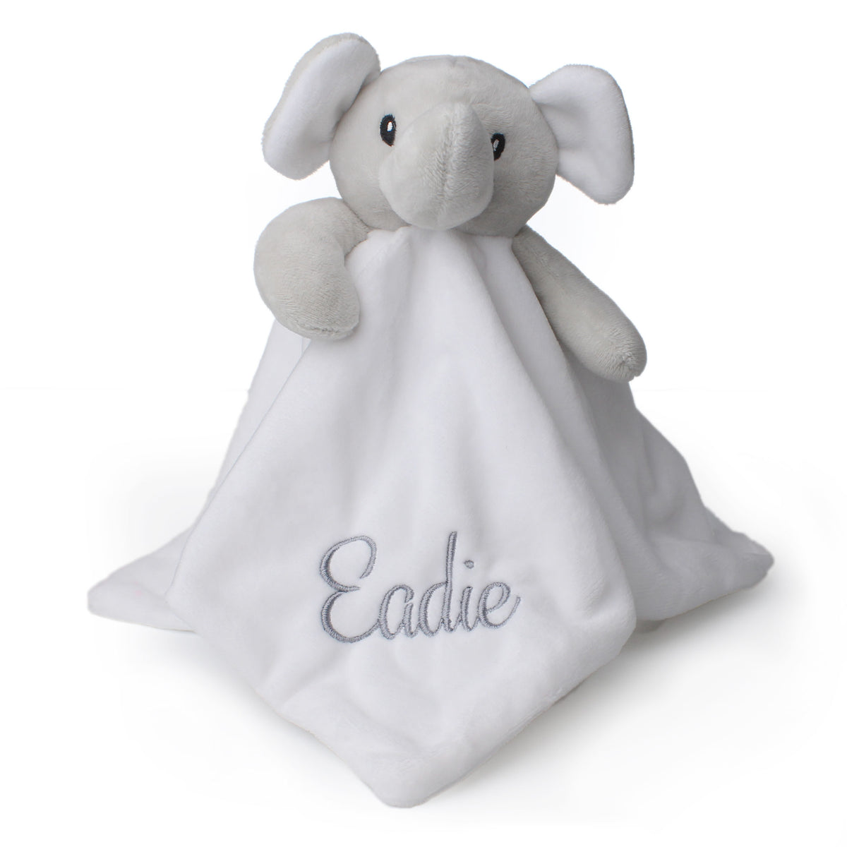 Personalised white elephant baby comforter with embroidered name in soft plush fabric