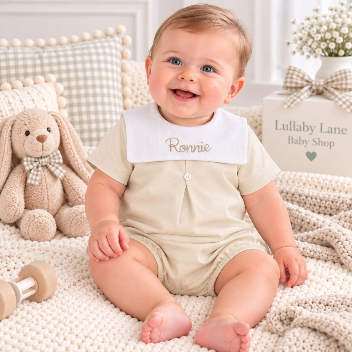 personalised baby outfit in beige