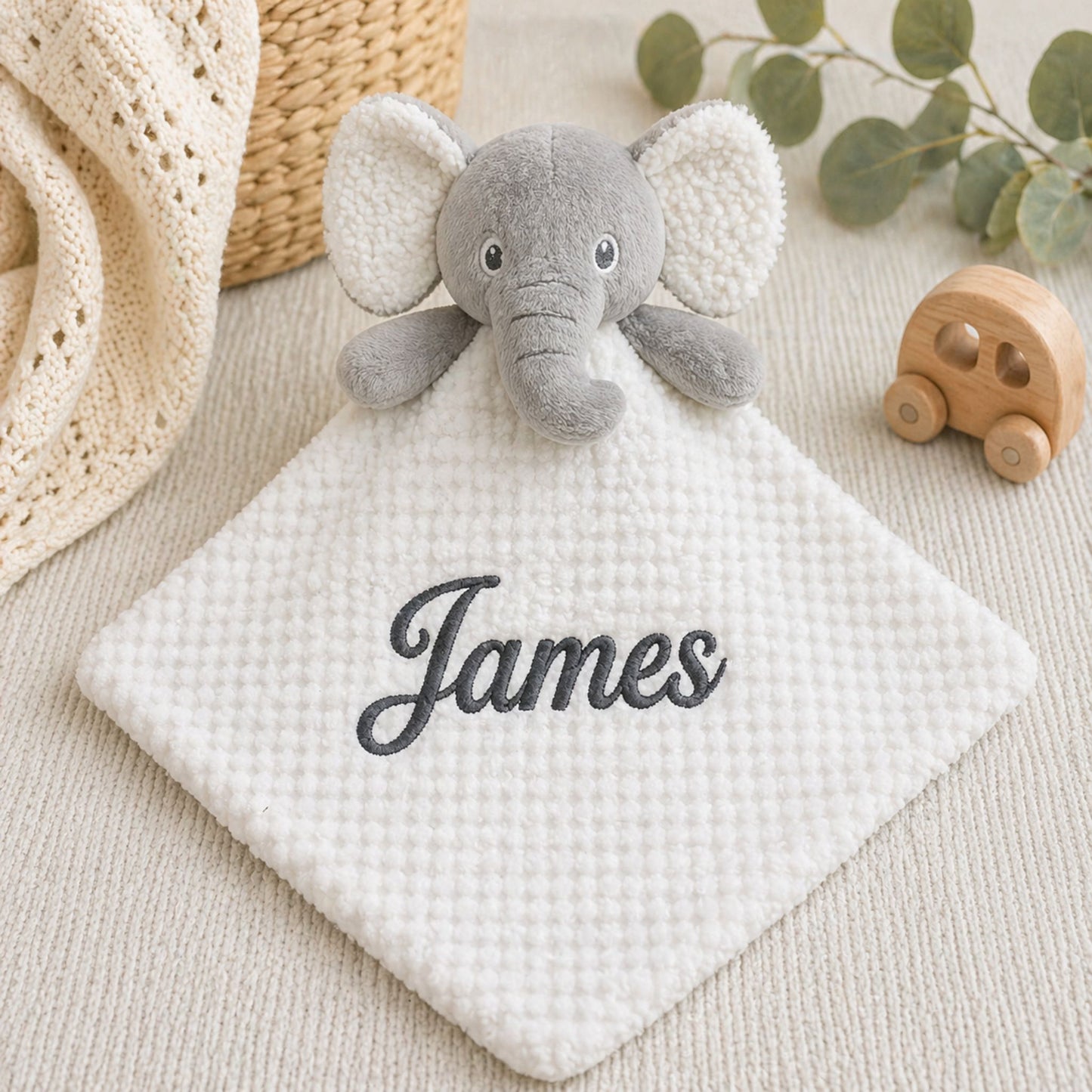 Personalised Baby Elephant Comforter with Crinkle Ears – White