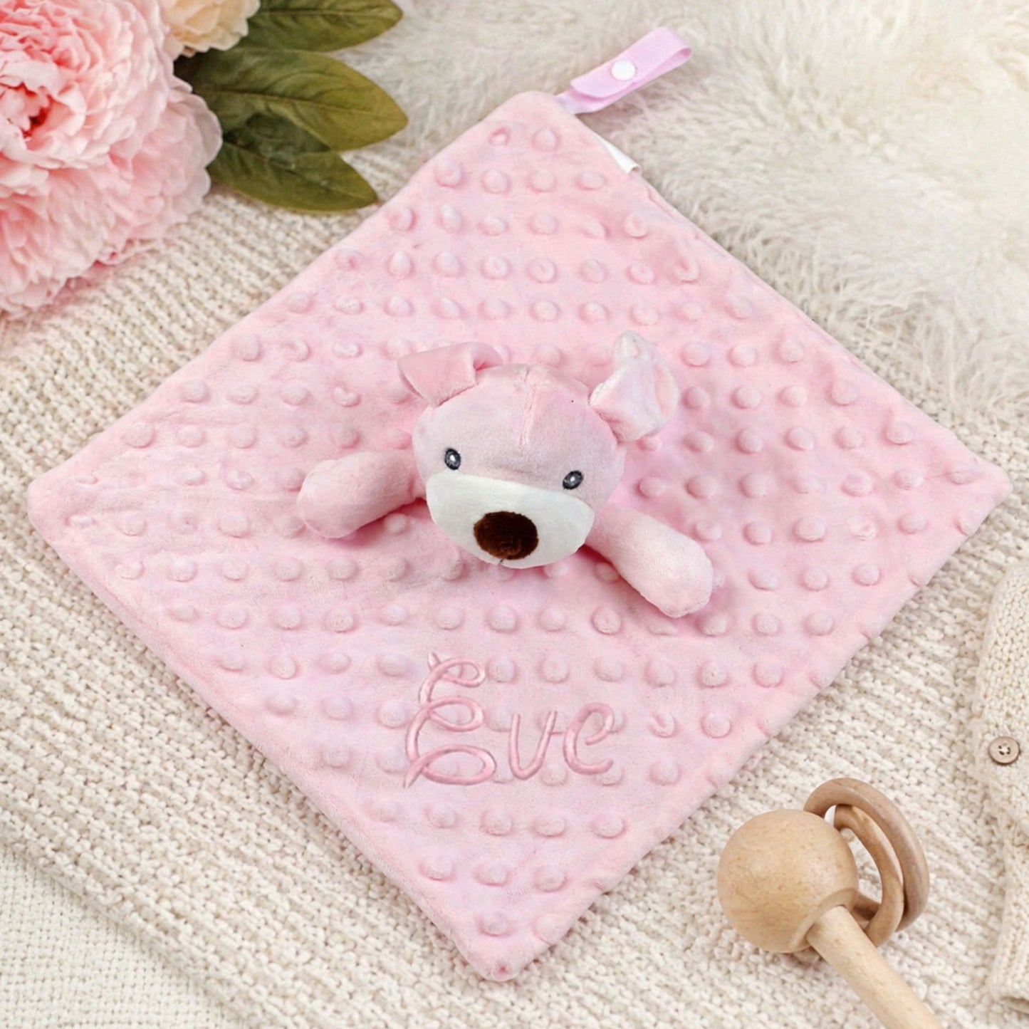 Personalised Pink Baby Comforter with Plush Puppy