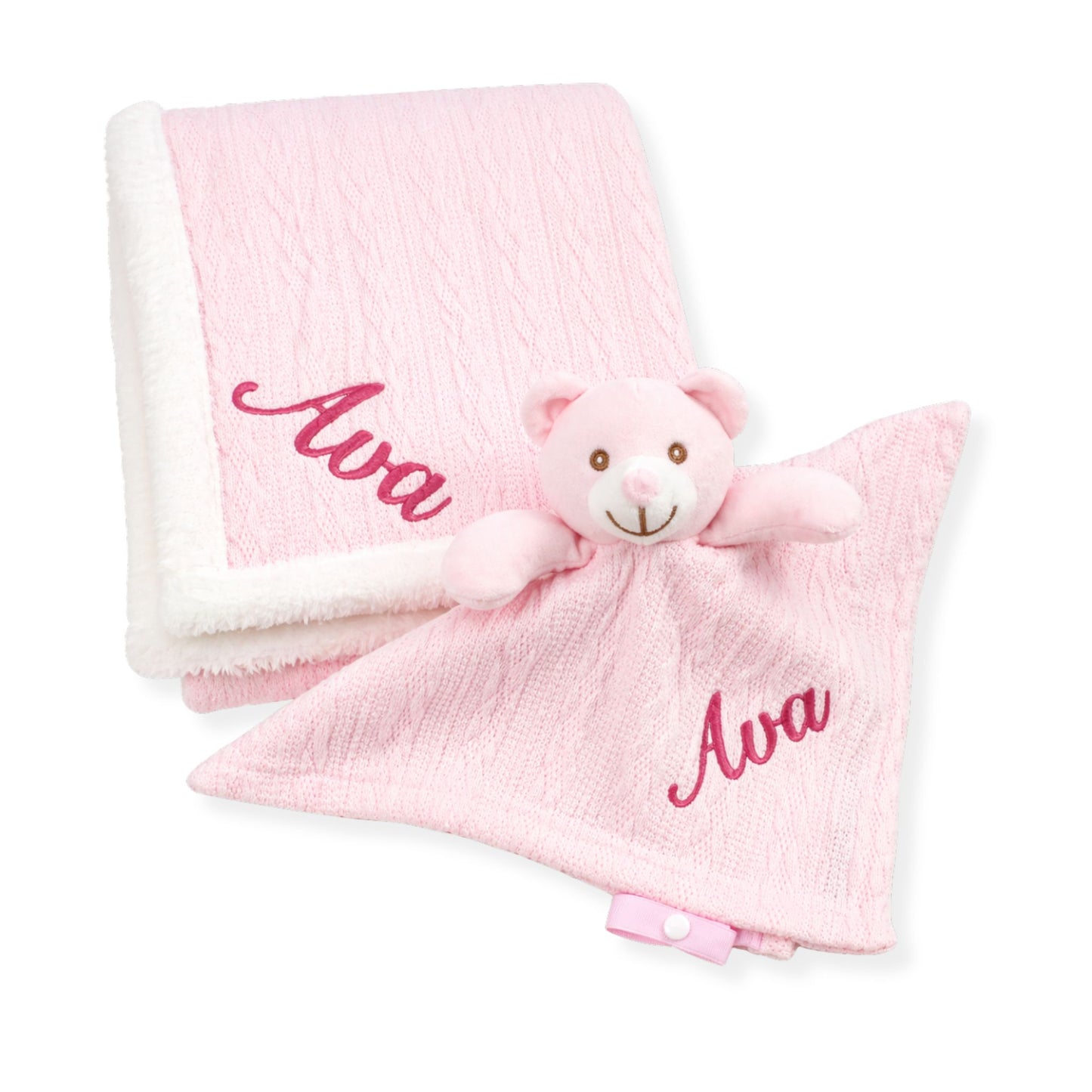 Pink teddy bear and blanket set with 'Ava' embroidery on a white background