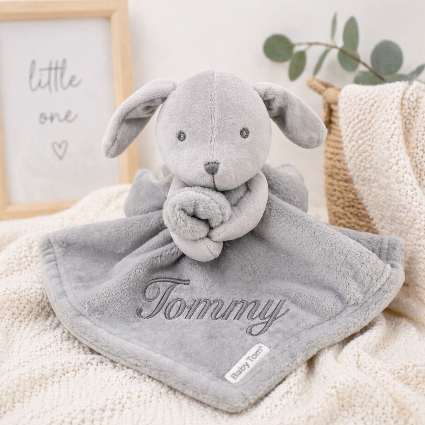Personalised Grey Baby Comforter with Plush Puppy