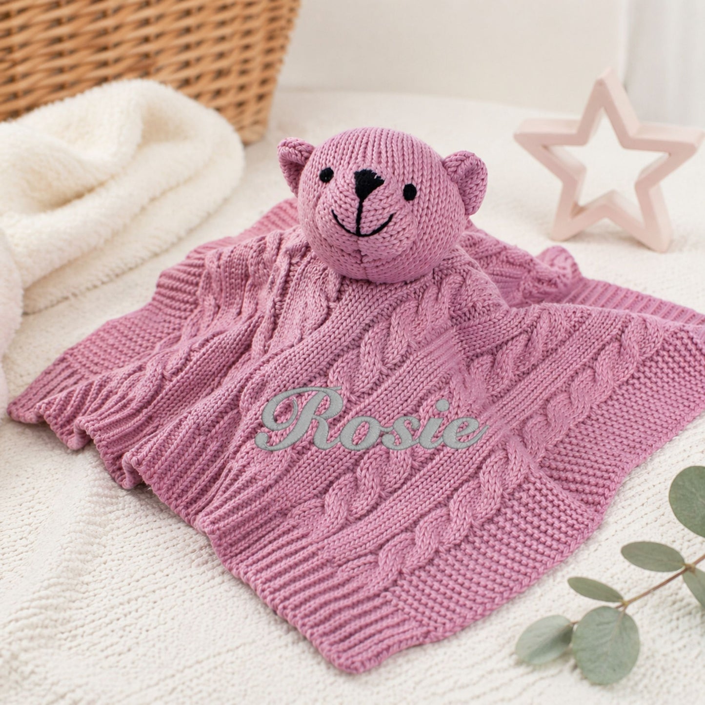 Personalised Dusky Pink Knitted Baby Comforter with Teddy Head
