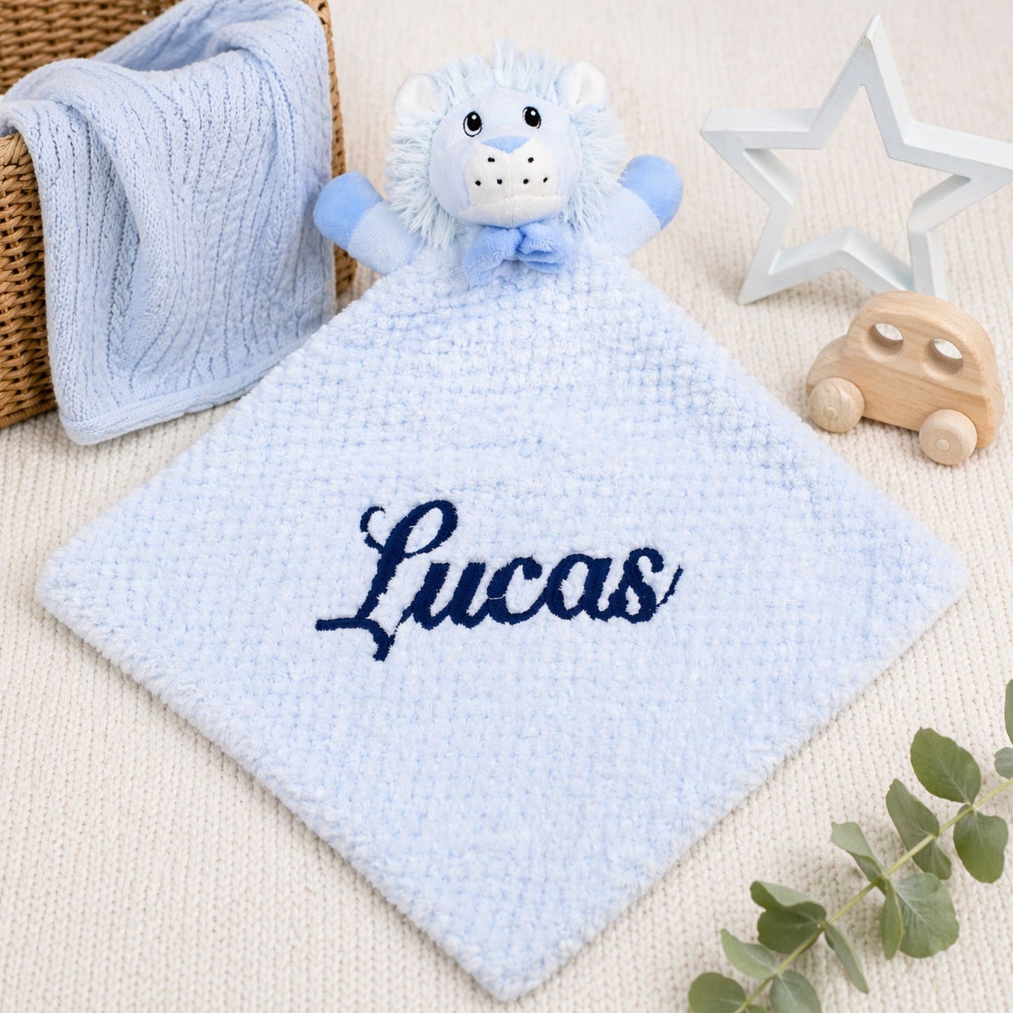 Personalised Blue Lion Baby Comforter with Embroidered Name