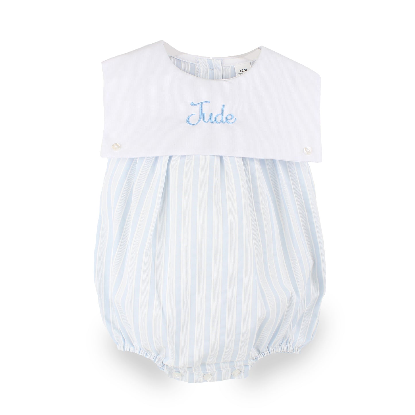 Personalised baby boys blue and white striped bubble romper embroidered with the name Jude on the white front panel.