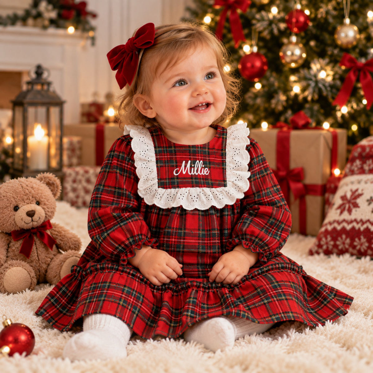 Personalised Baby Girls Red Tartan Christmas Dress by Rapife