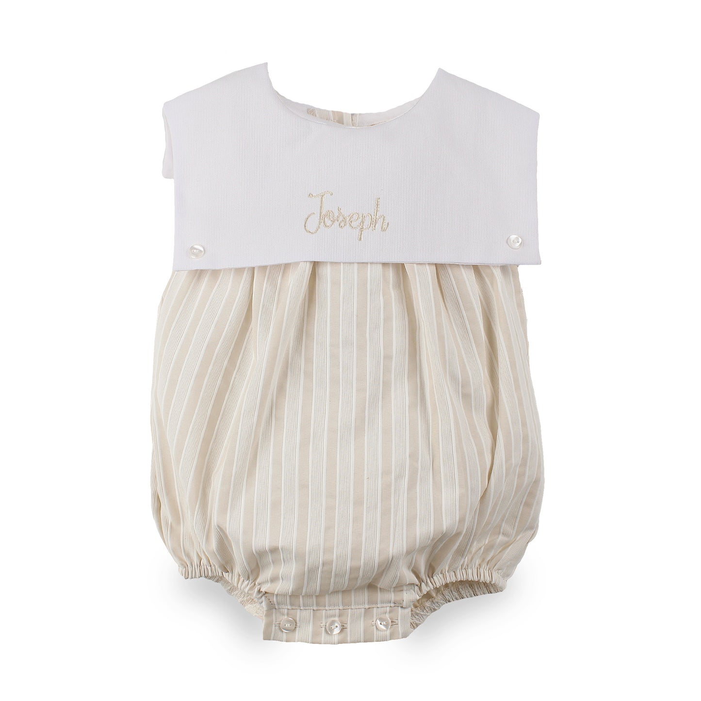 A baby bubble romper with a white collar featuring the name 'Joseph' embroidered in gold, and a cream and beige vertically striped body.