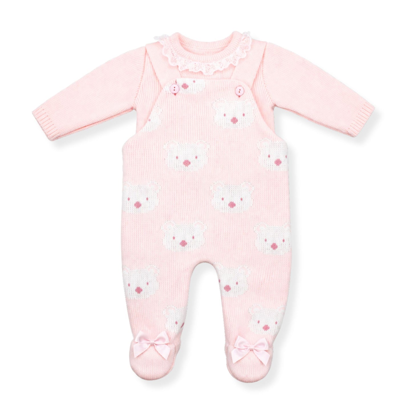 PEX Baby Girls Pink Knitted Teddy Dungaree & Top Set