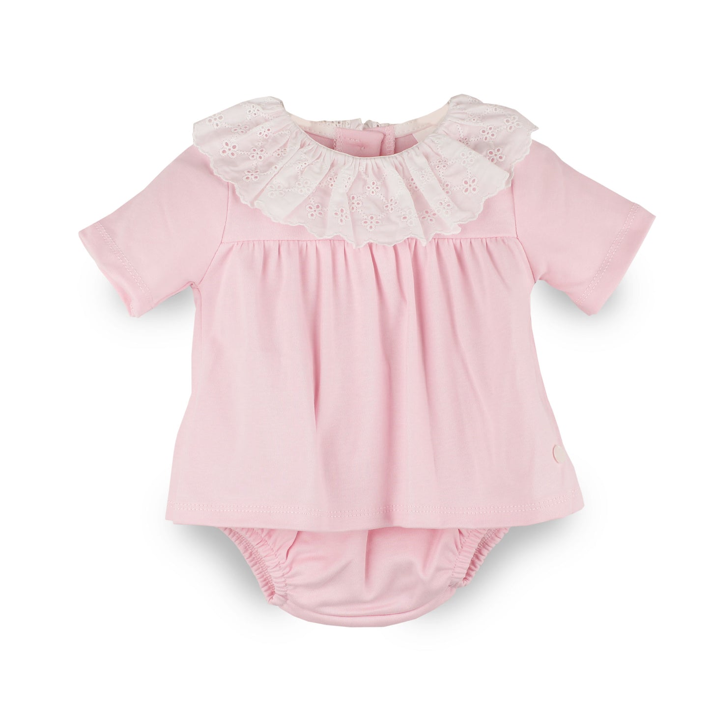 Baby girls pink two-piece outfit with a white broderie anglaise frill collar and matching pink jam pants, made from 100% cotton in Portugal.
