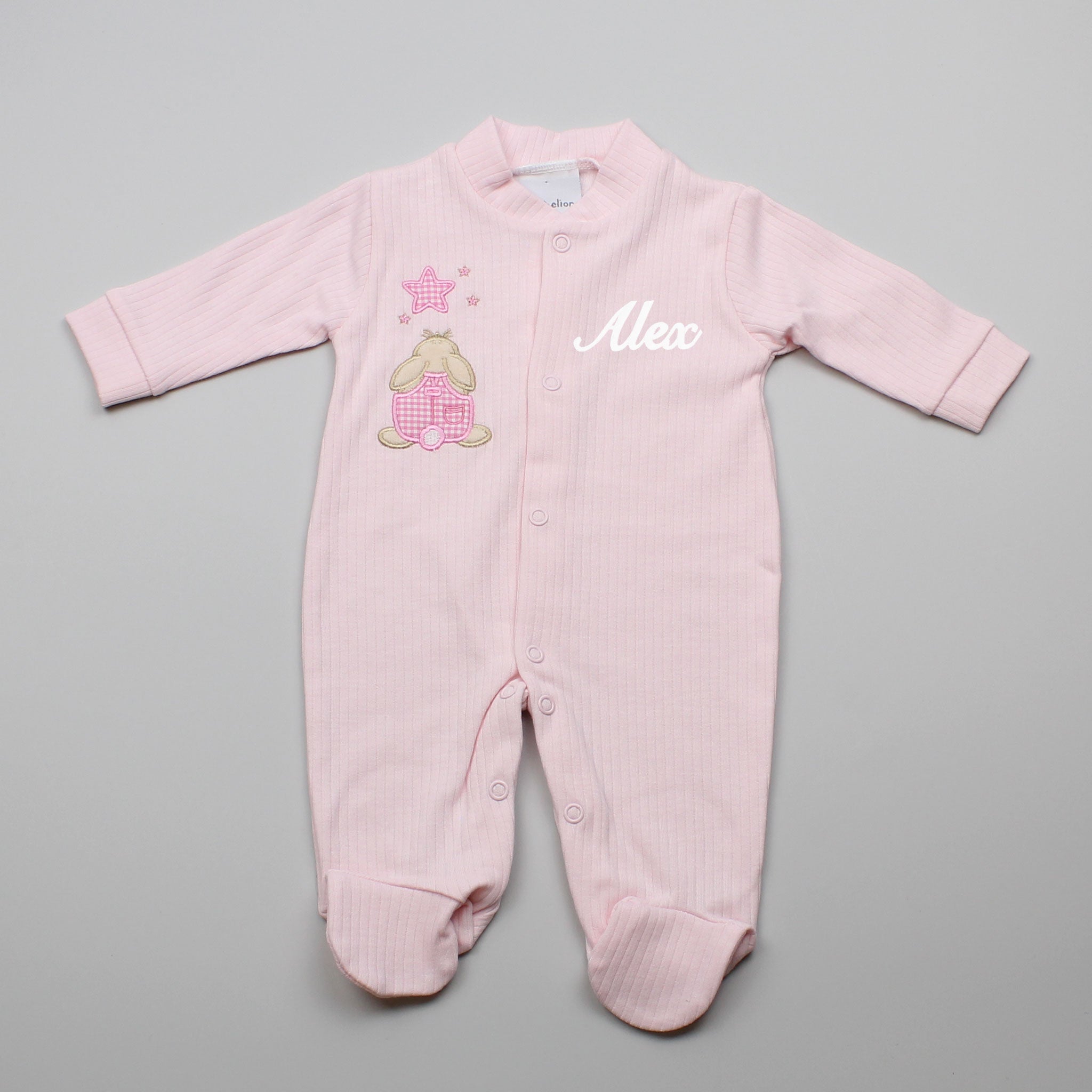 Personalised Baby Girls Sleepsuit - Pink - Applique Rabbit