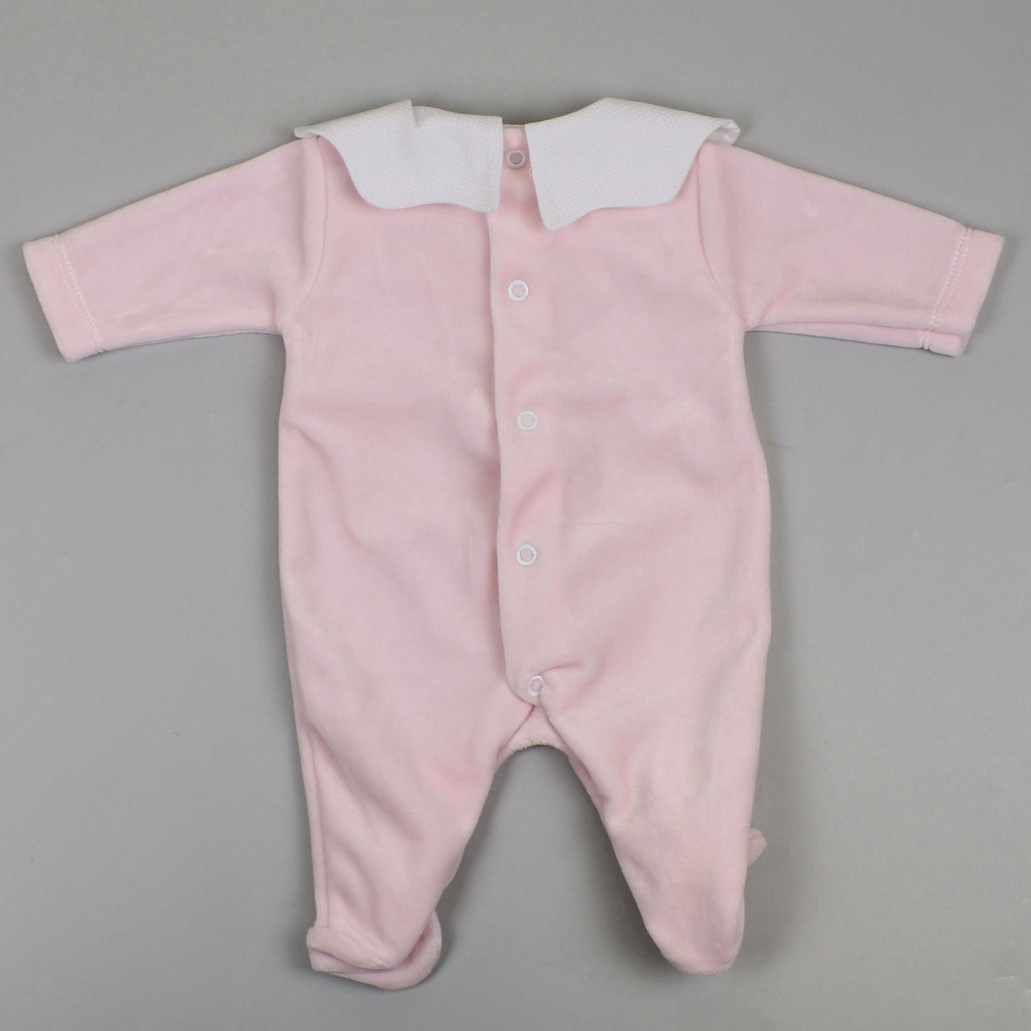 baby girls pink velour sleep suit with scallop collar