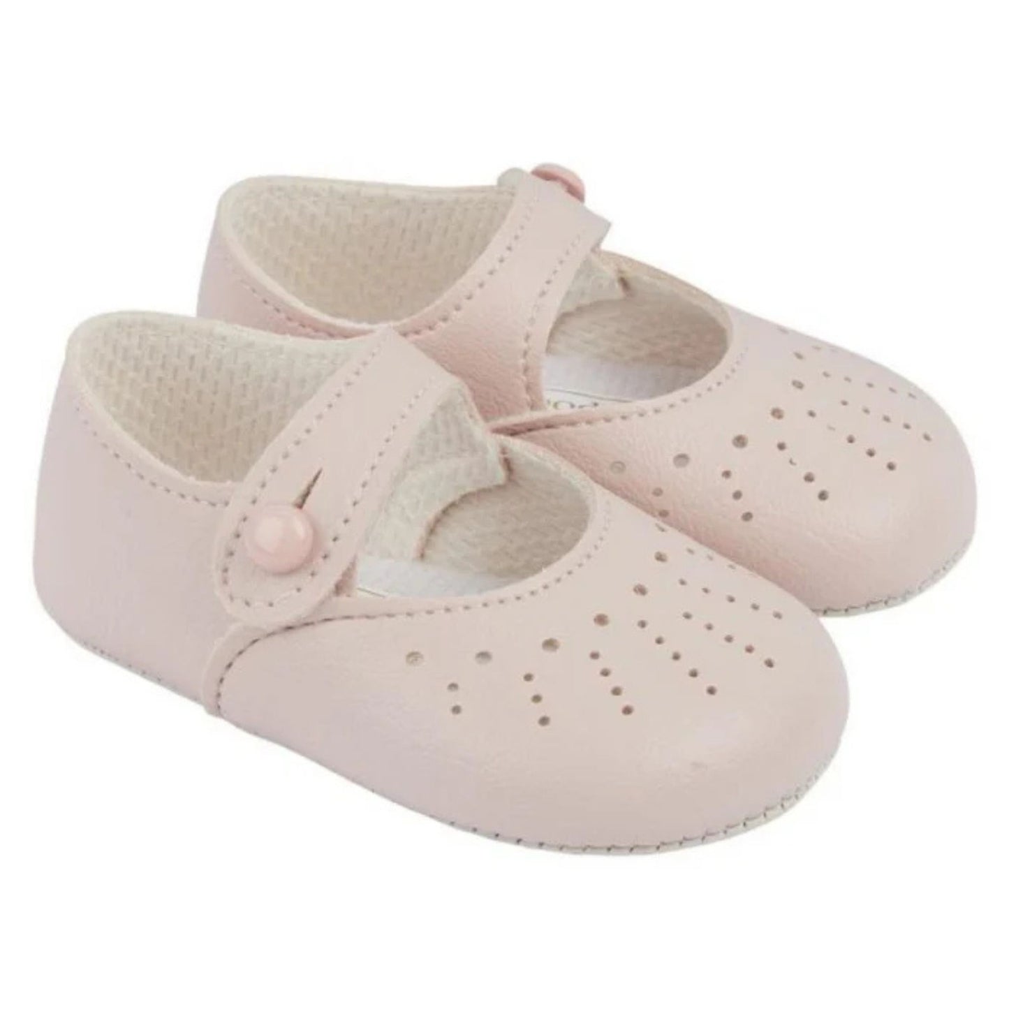 Pair of pink baby shoes with a strap on a white background