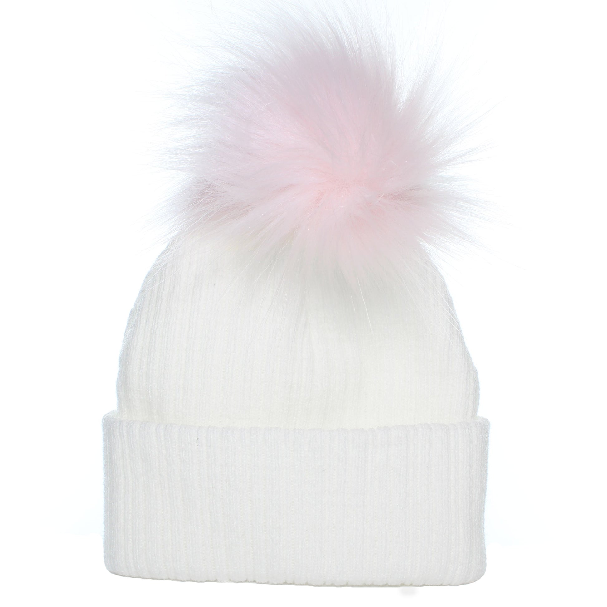 baby girl white hat with fluffy pink pom bobble