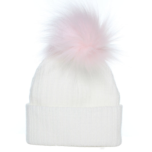 baby girl white hat with fluffy pink pom bobble