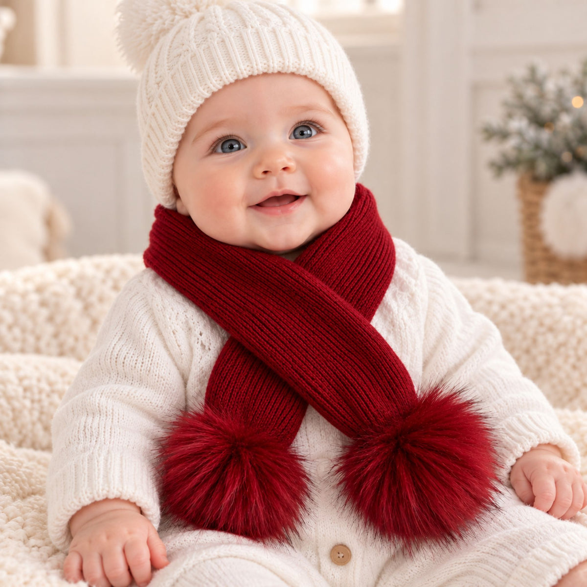 Deep Red Baby Scarf with Faux Fur Pom Poms | Newborn & Infant