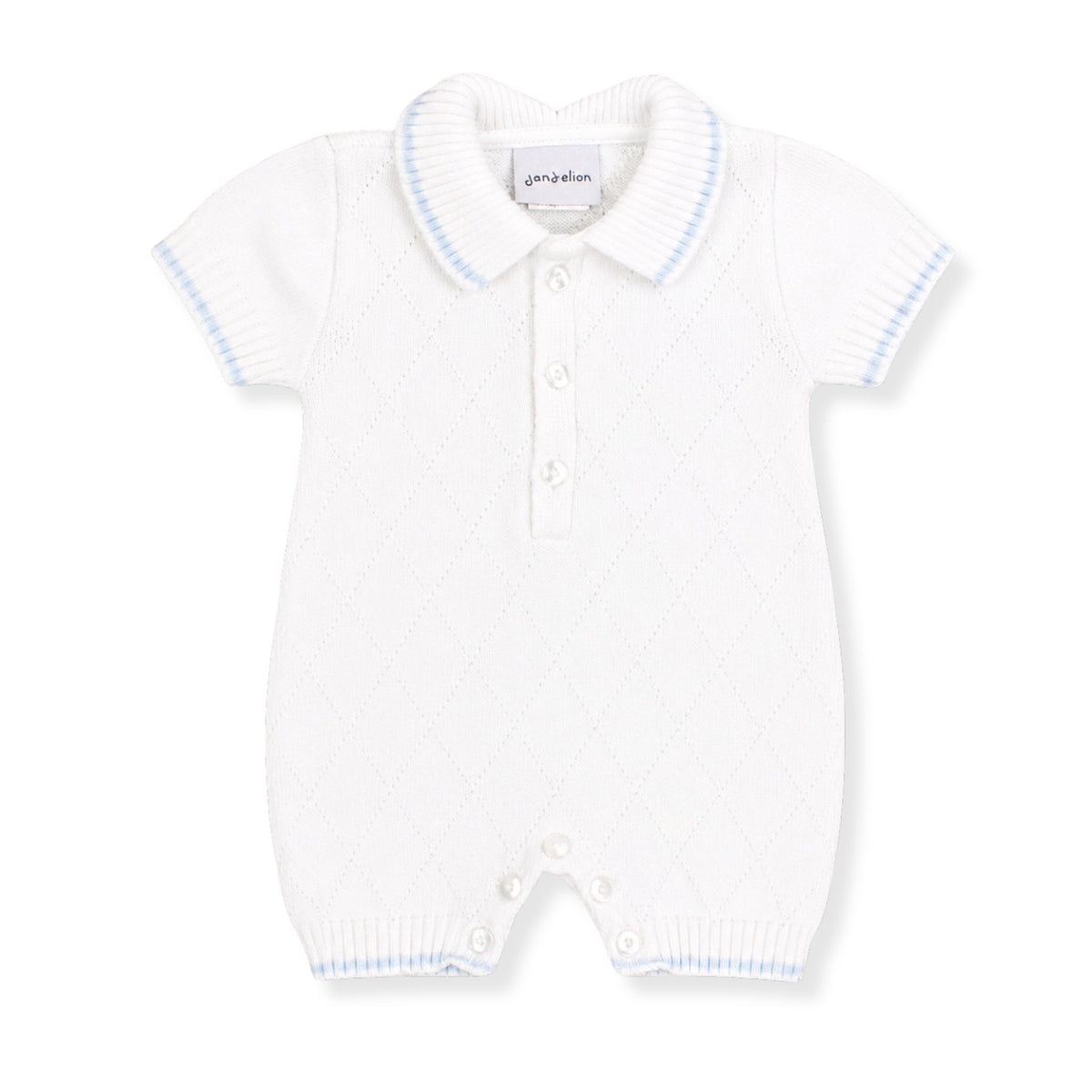White knitted baby romper with blue trim on a white background