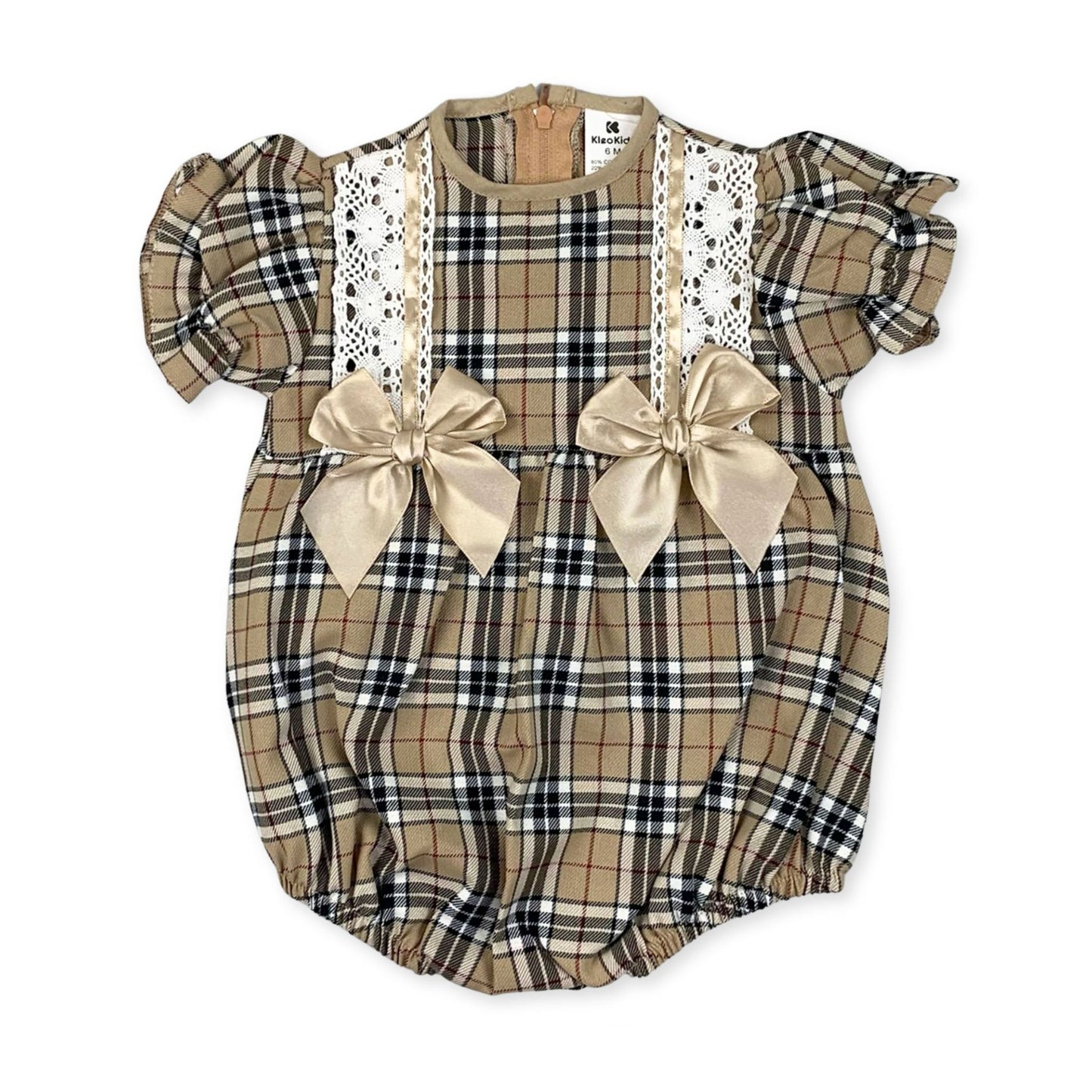 baby girl beige tartan romper with bows and lace in a spanish style