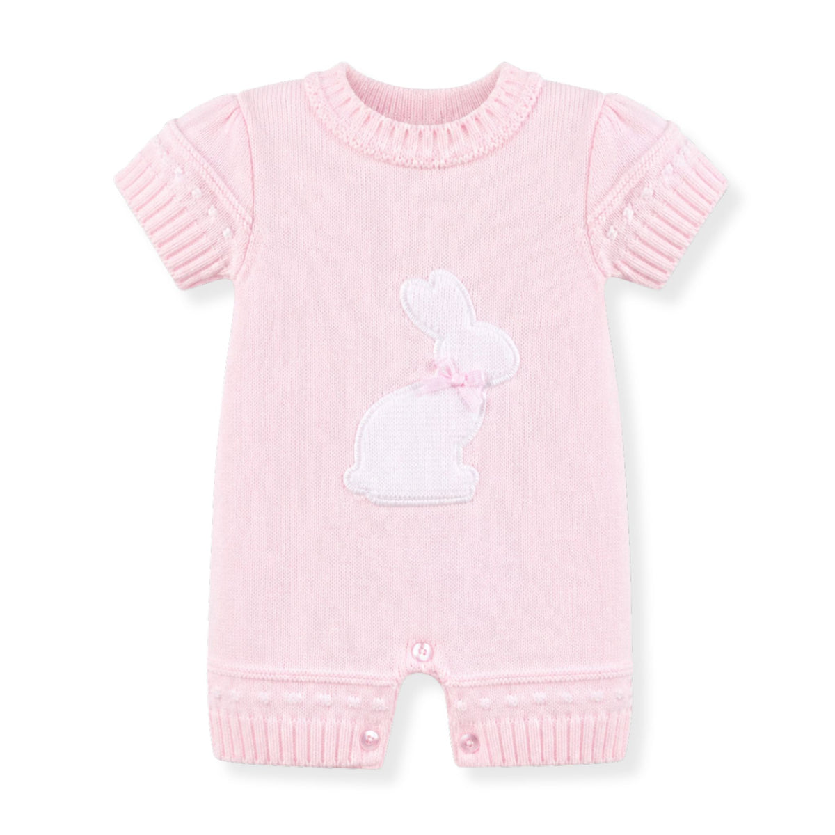 Pink baby romper with bunny design by dandelion on a white background