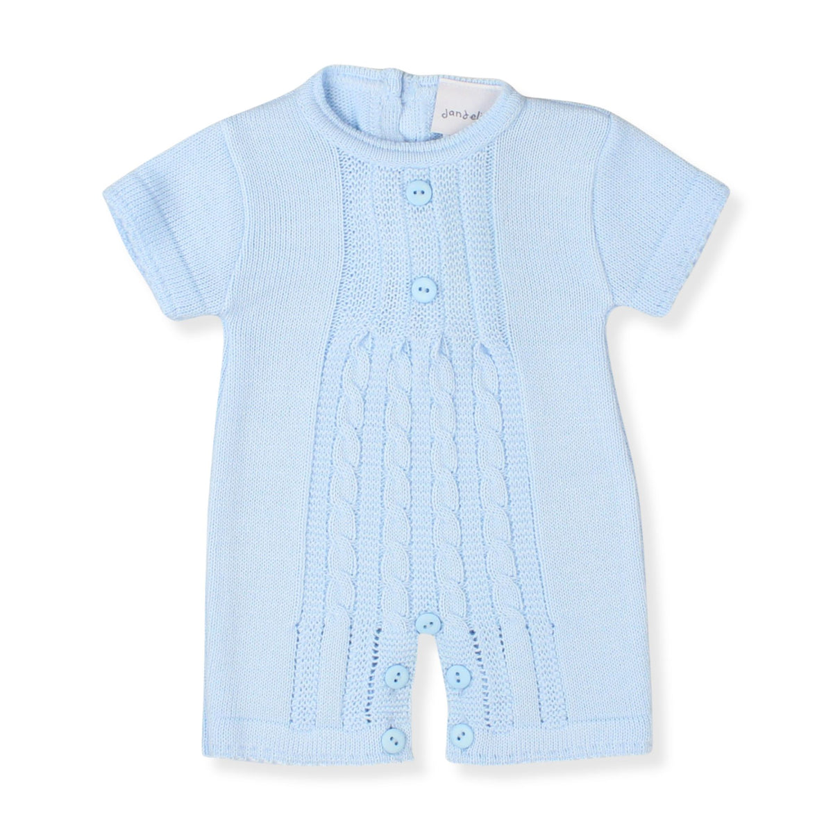 Light blue baby knitted romper with buttons by Dandelion on a white background