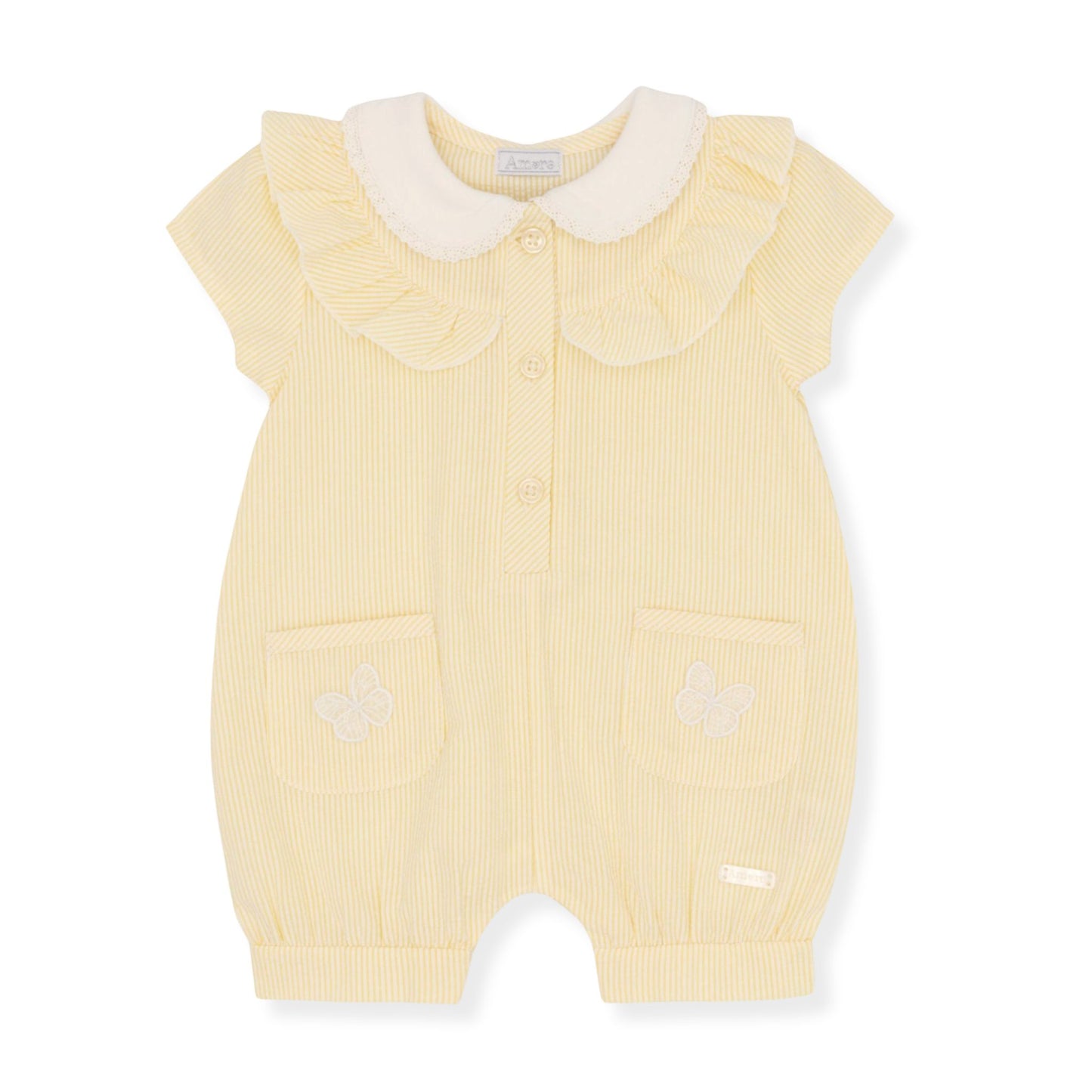 Yellow baby romper with ruffled collar on a white background