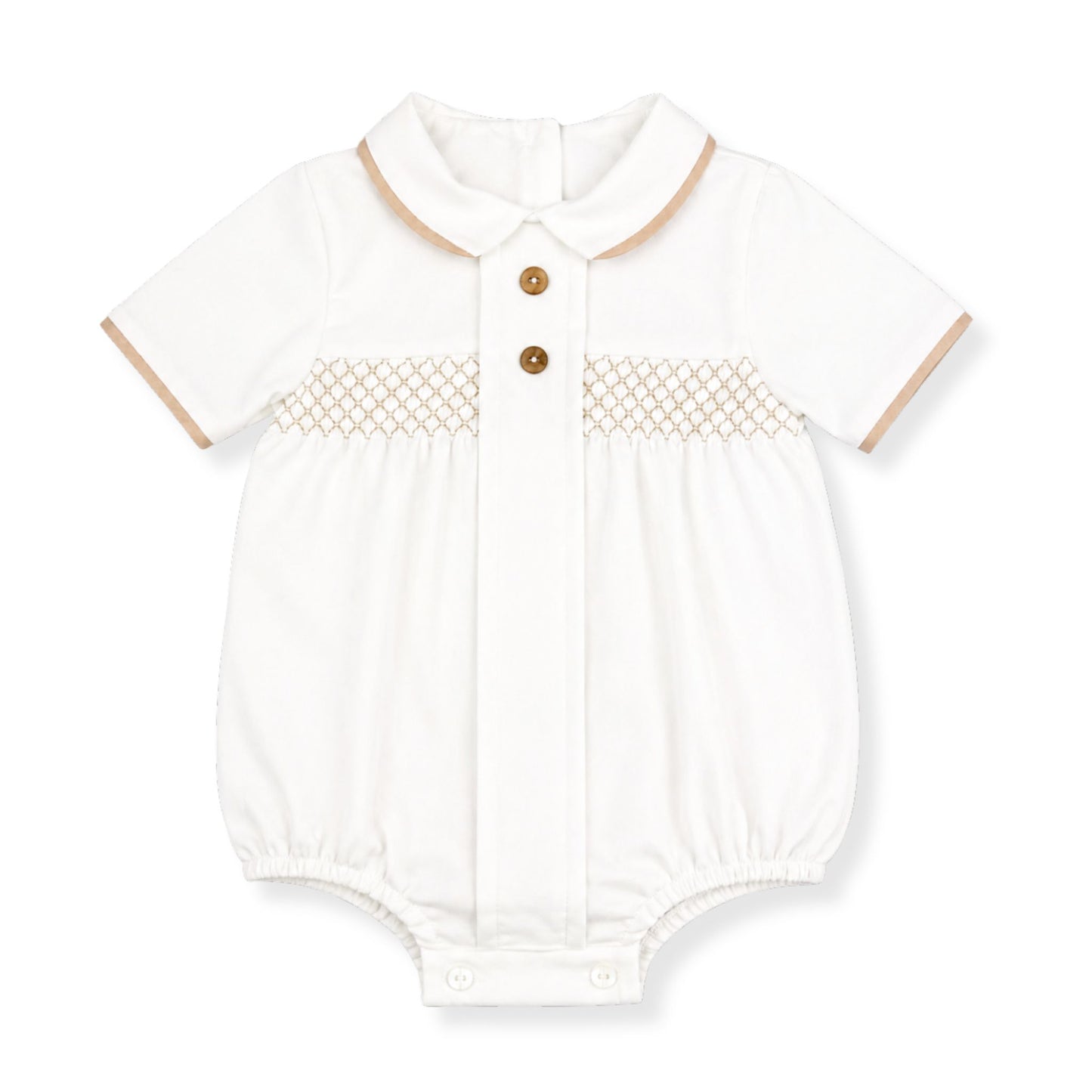White baby romper with beige accents on a white background