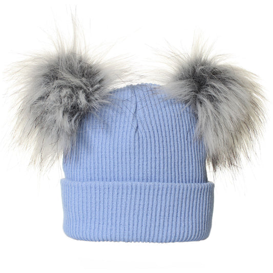 infant baby blue boys 6-12 month double pom hat