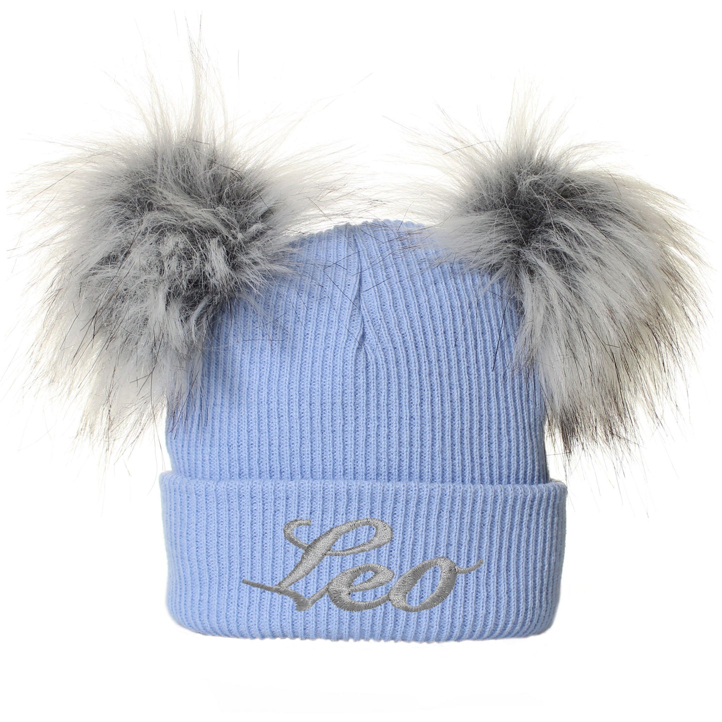 personalised blue 6-12 months baby boys two pom hat