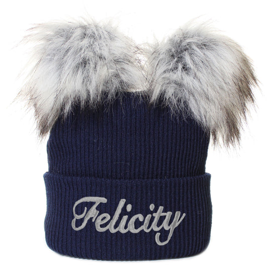 Personalised Navy Double Pom Hat - 6-12 months