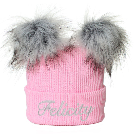 pink baby girls 6-12 personalised knitted two pom hat