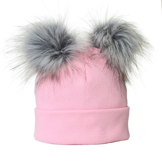 pink double pom girls knitted hat 6-12 month
