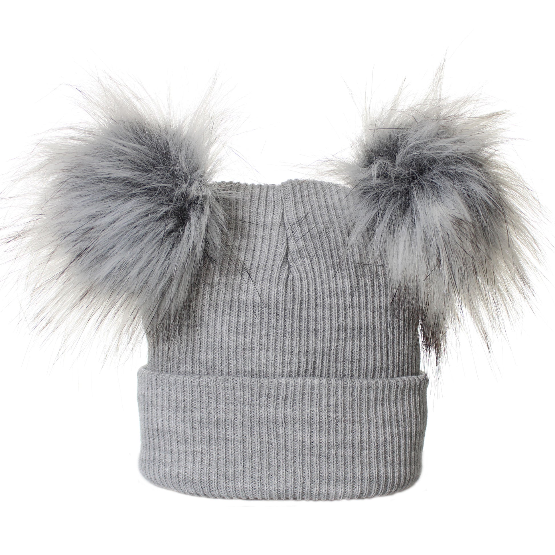 grey winter hat with double pom poms for baby of 6-12 month