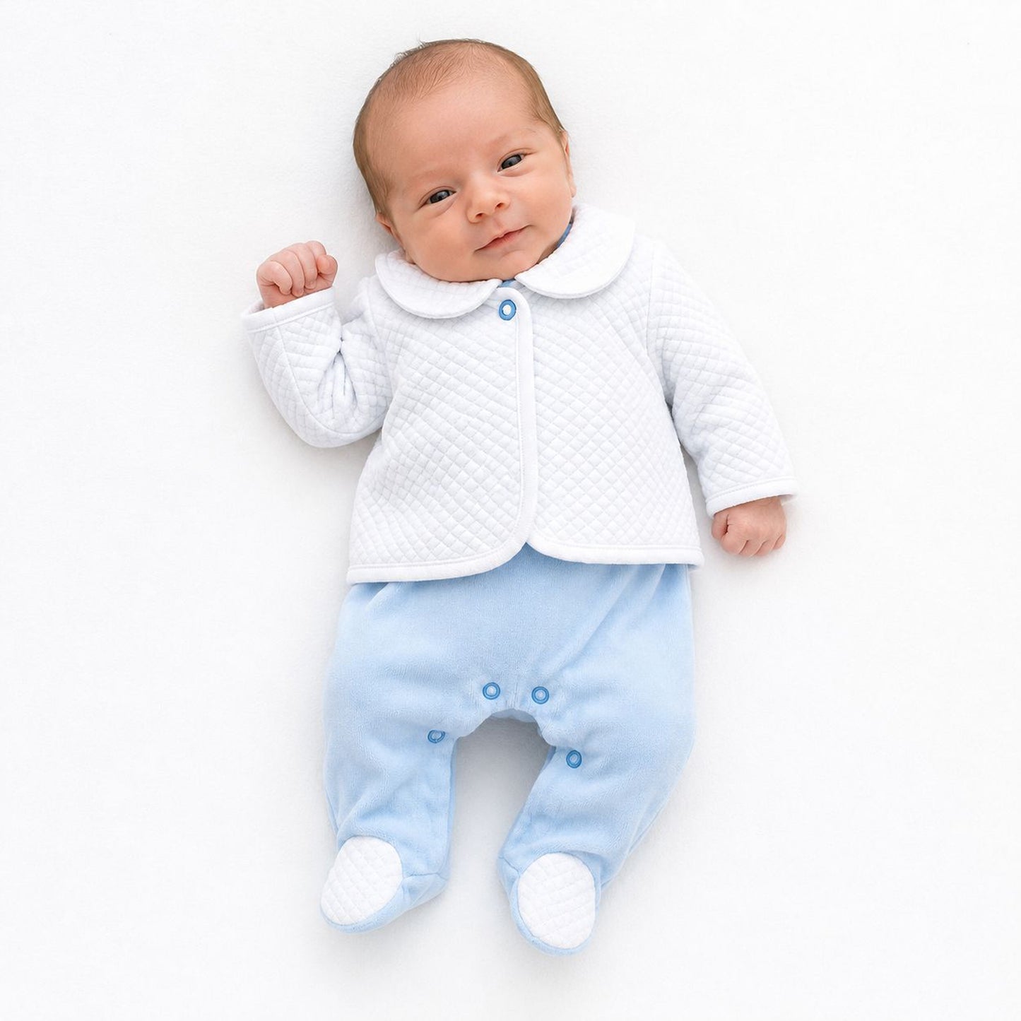 Baby Boys Blue Velour Babygrow & White Quilted Jacket 2 Piece Set – Made in Portugal