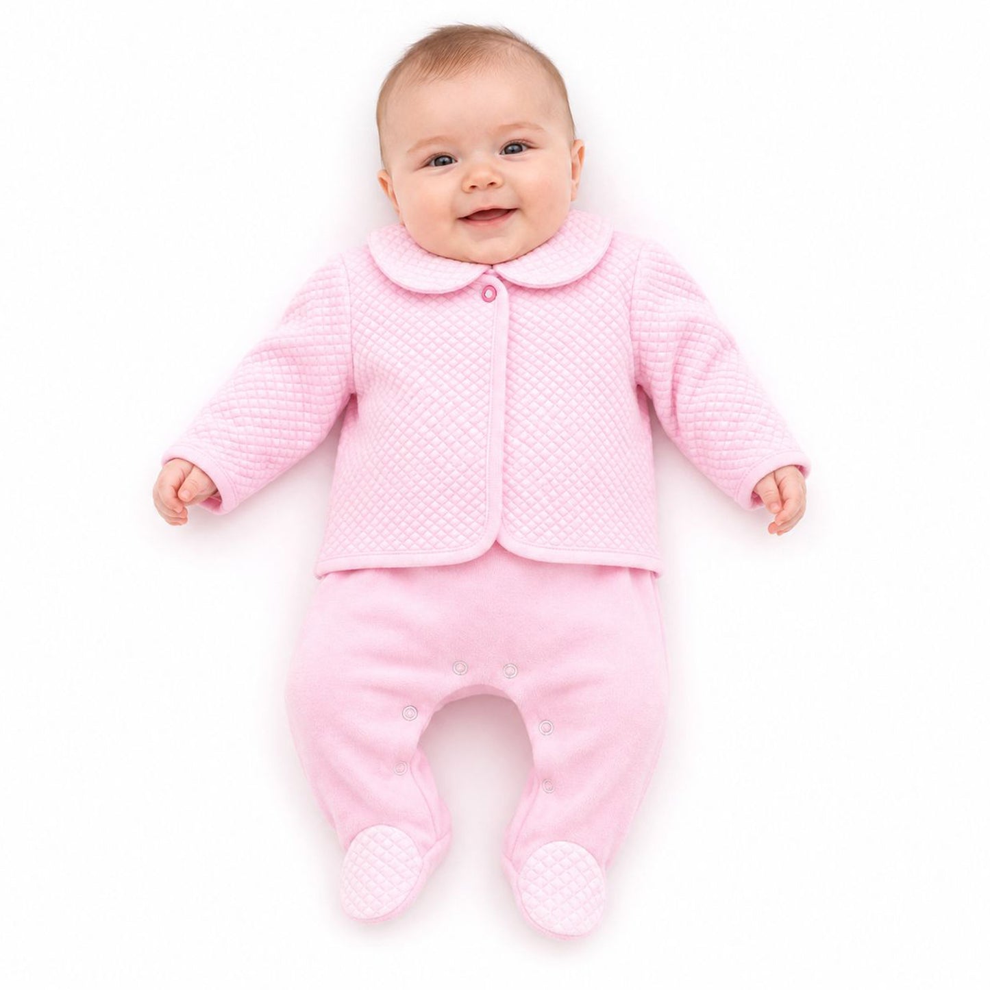 Baby Girls Pink Velour Babygrow & Quilted Jacket 2 Piece Set – Made in Portugal