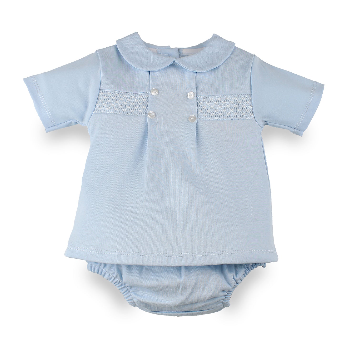 A light blue baby outfit set featuring a short-sleeve top with a Peter Pan collar, smocked chest panel, and three white buttons, paired with matching smocked pants, shown on a plain white background.