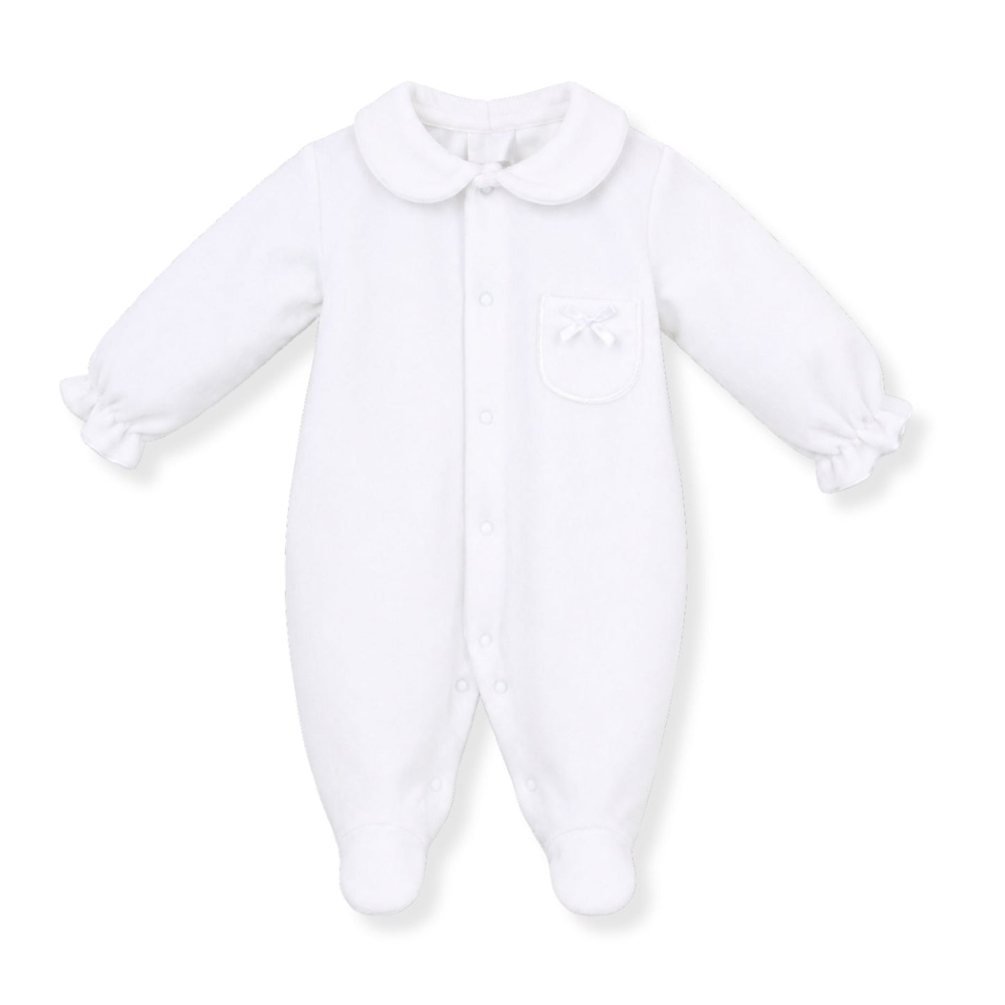 Pex White baby girls babygrow with a collar and bow on pocket on a white background