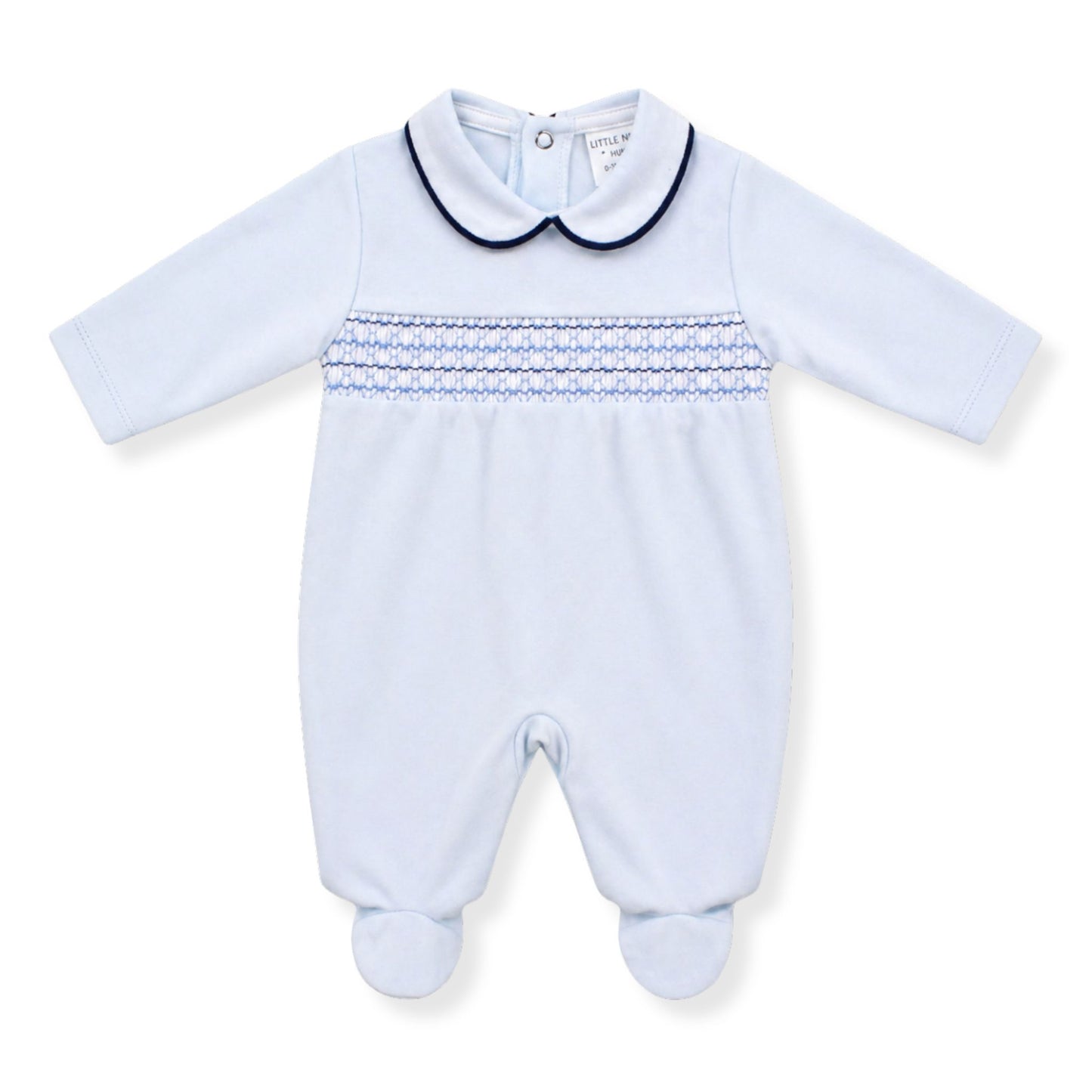 Light blue baby sleepsuit with a collar on a white background