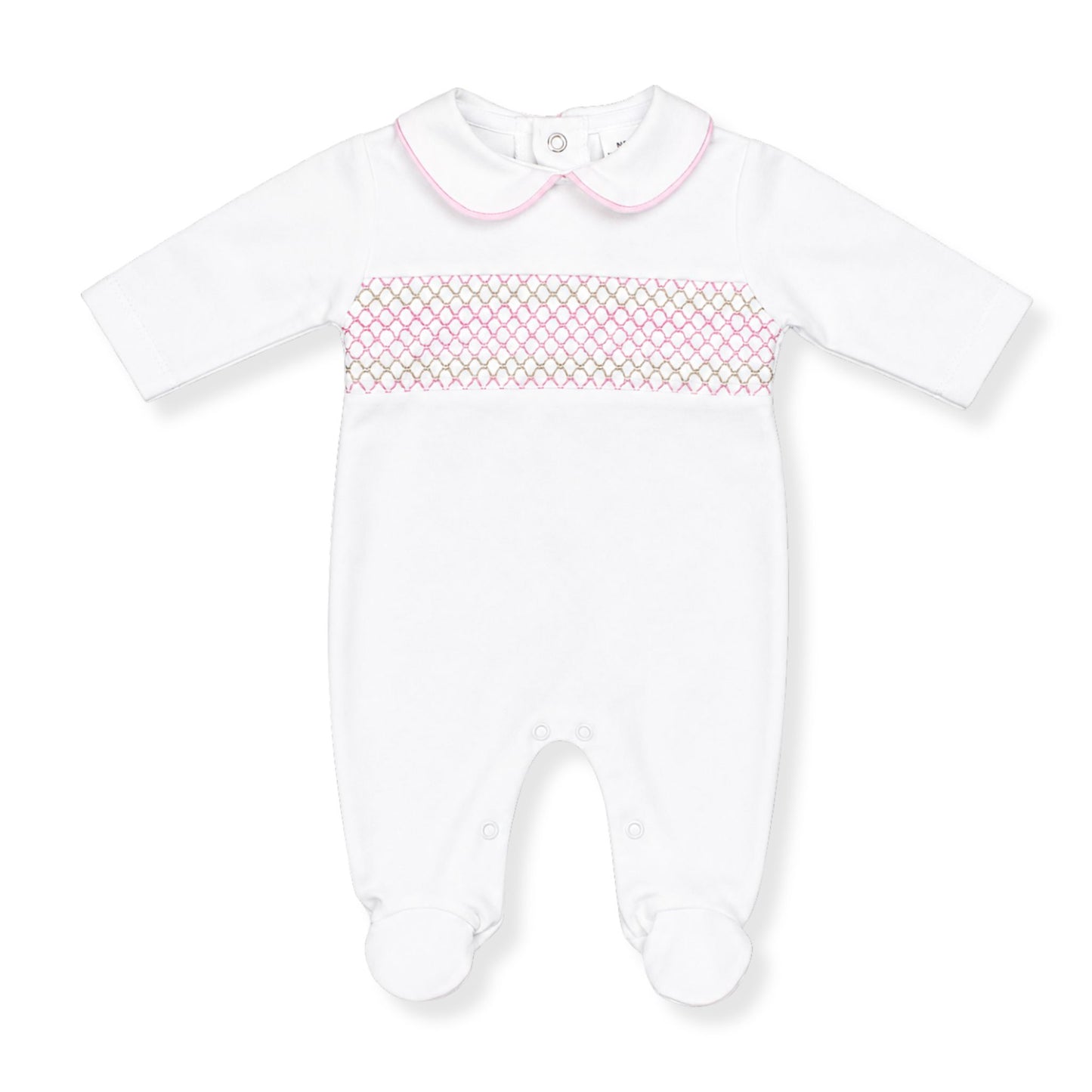 baby girl white cotton sleepsuit with smocking in pink