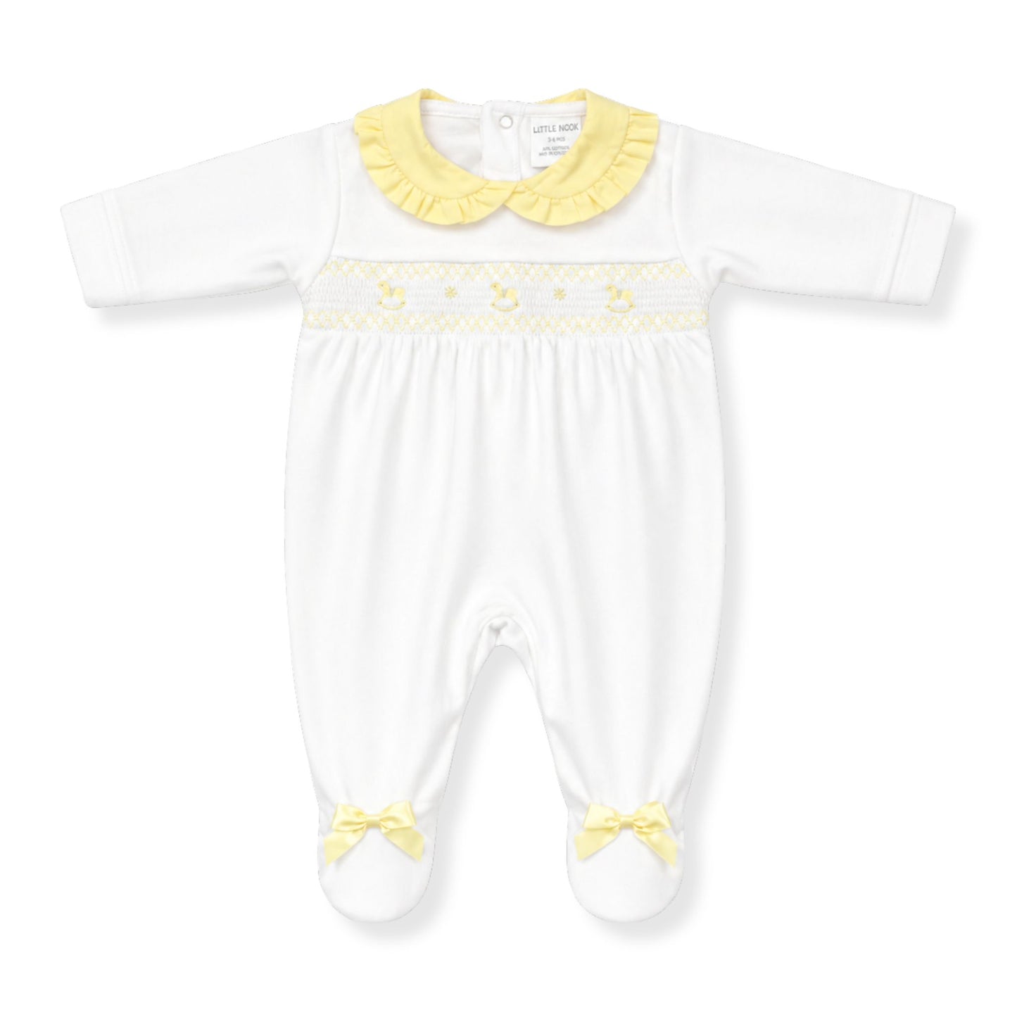 White baby babygrow with yellow trim and accents on a white background