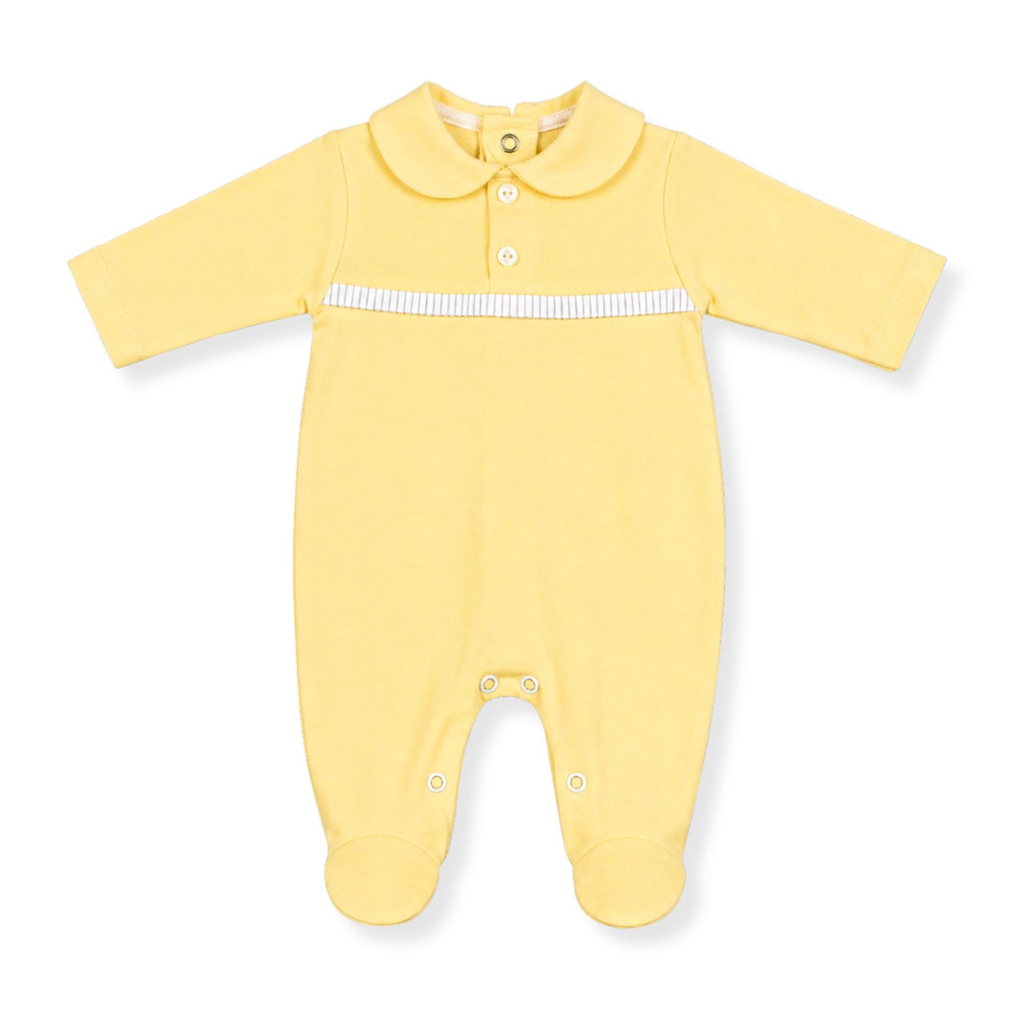 Yellow baby onesie with a collar on a white background