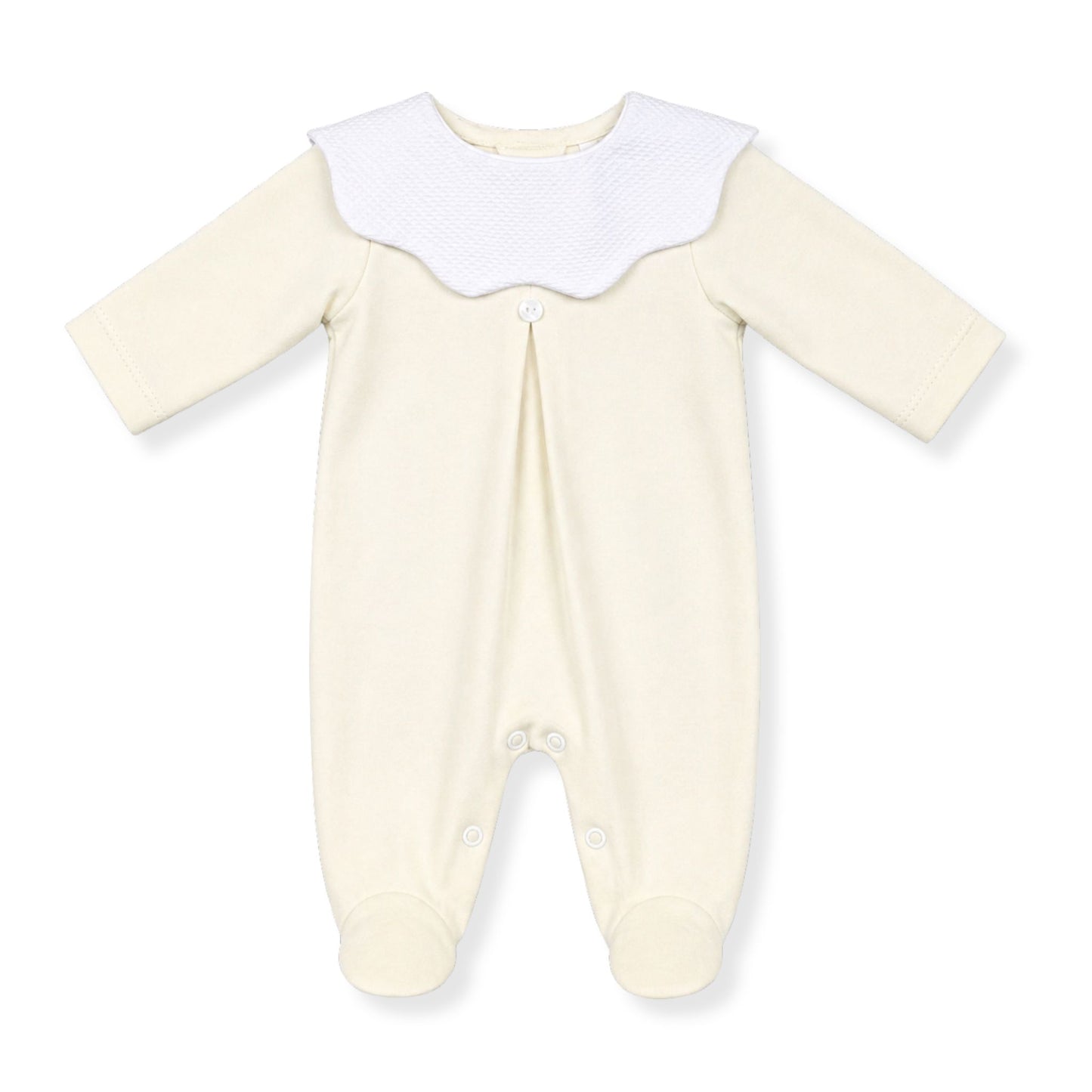 Lemon colored baby onesie with a white collar on a white background