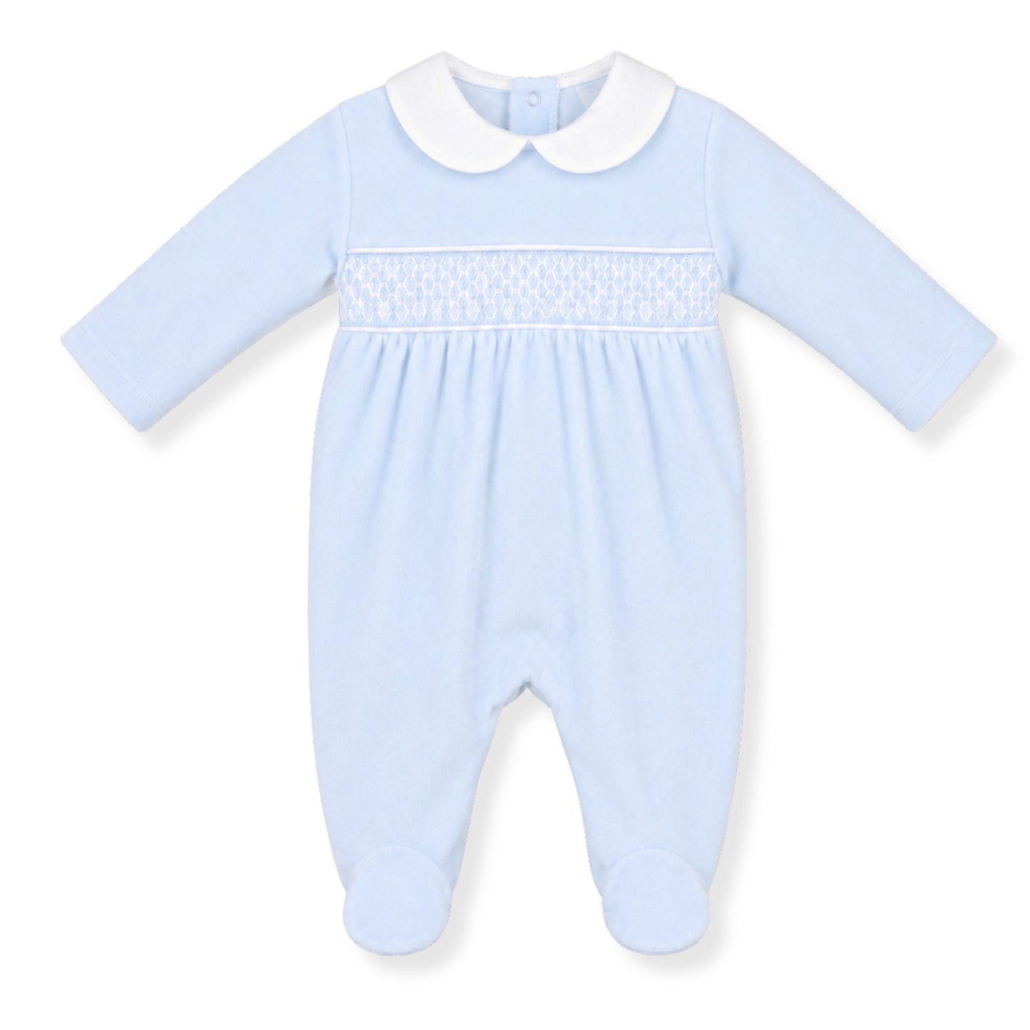 PEX Baby Boys Blue Velour Sleepsuit with Smocking and Peter Pan Collar
