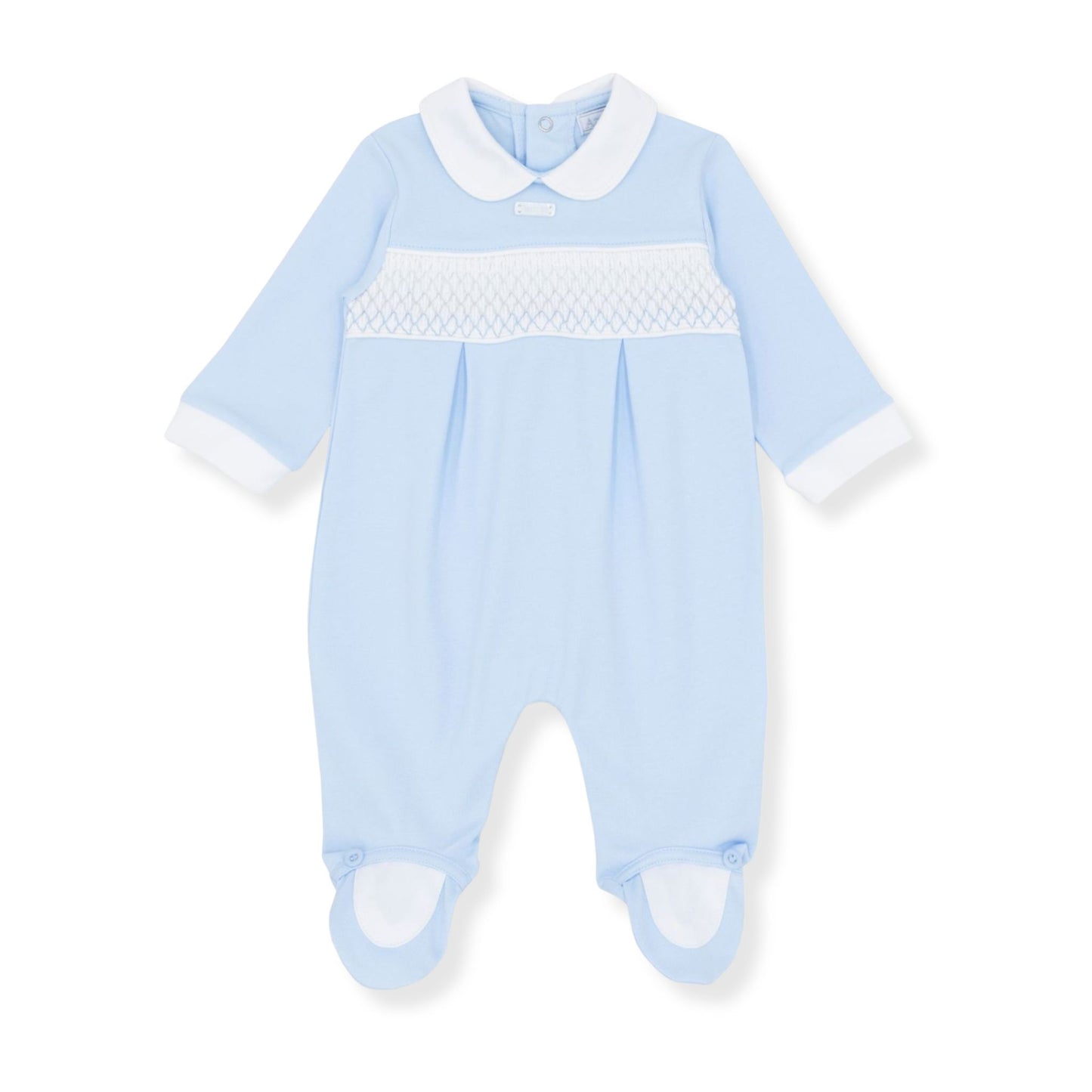 Light blue baby onesie with white collar and trim on a white background