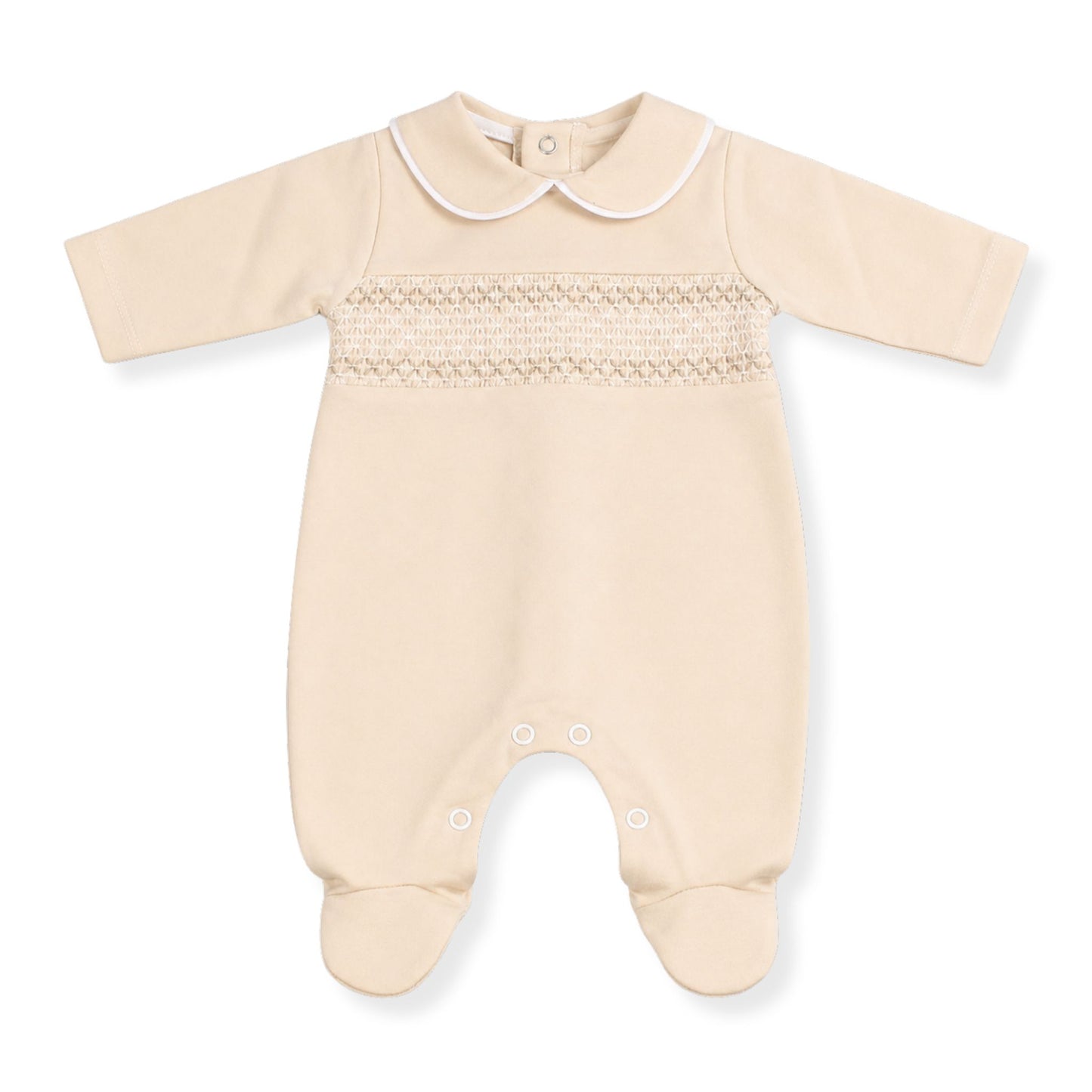 beige velour smocked babygrow